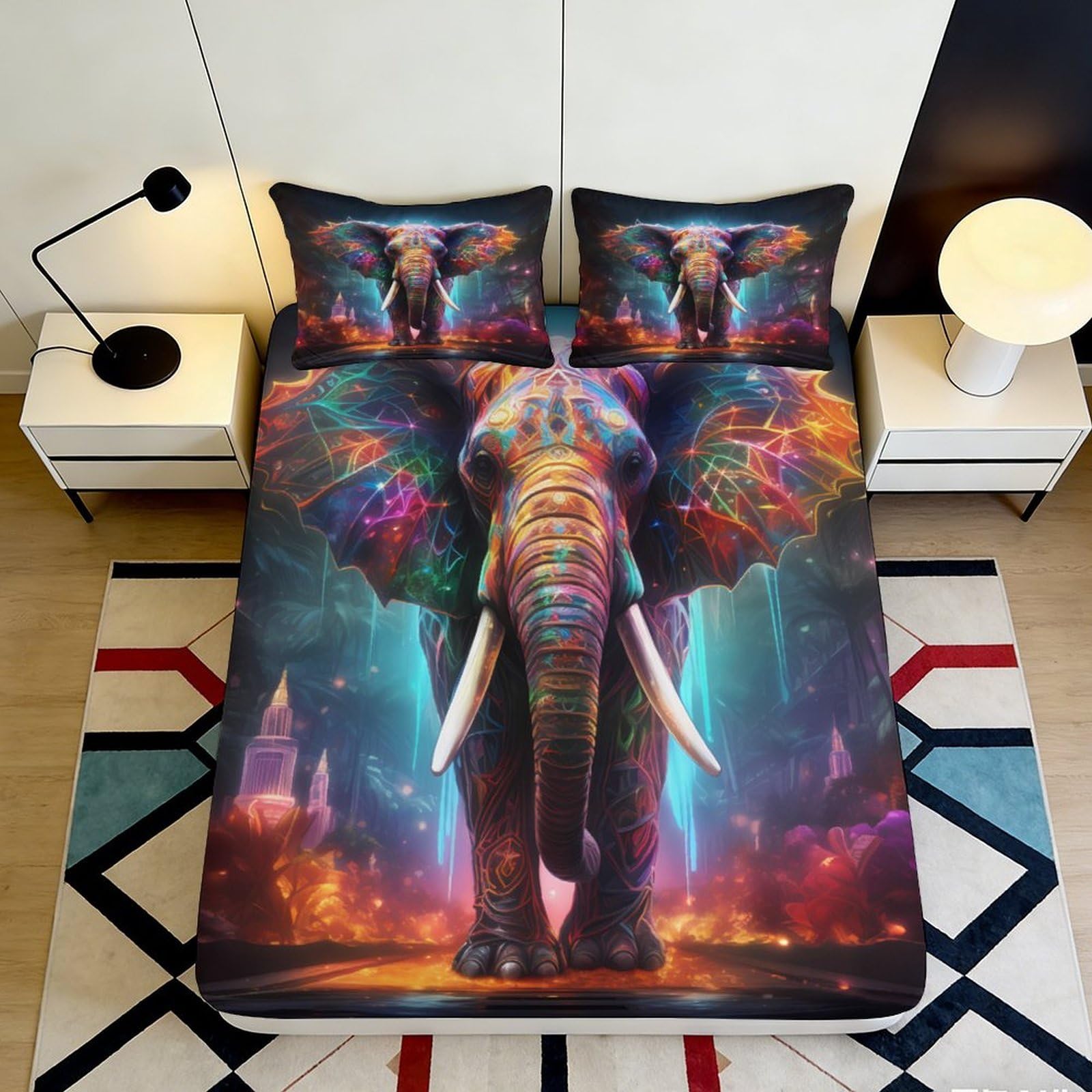 Pnayamiorkfel Style-9 3D Printed Neon Elephant Fitted Sheet Microfiber Colourful Urban Art Bed Cover For Bedroom Guest Room Decor 90X200x25cm