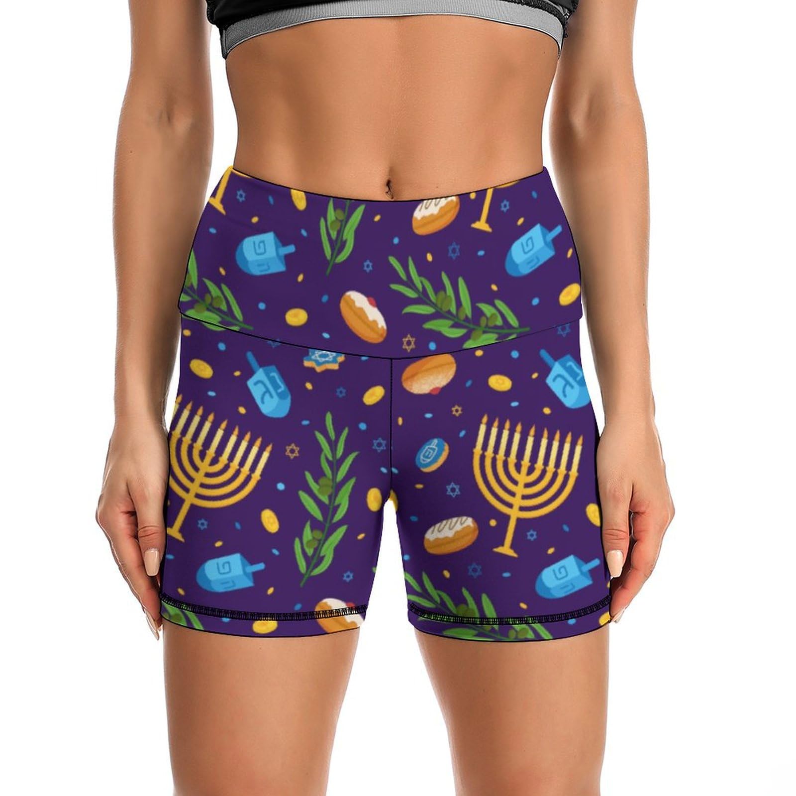 Happy Hanukkah Jewish Chanukah Holiday High Waist Yoga Shorts for Women Athletic Shorts Leggings Running Pants Black