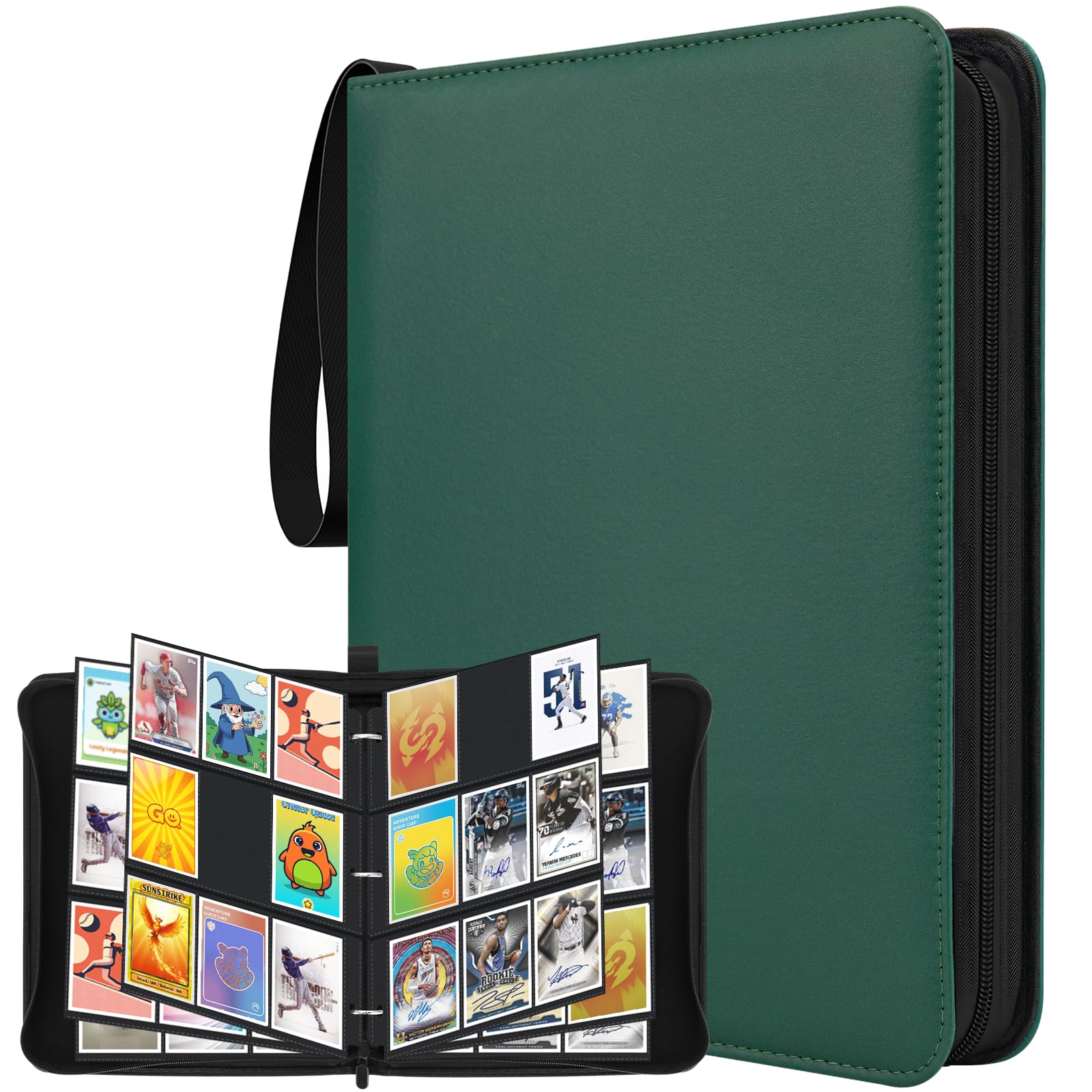 WISYOK Deep Green Card Binder, 9 Pocket 900 Pockets Trading Card Binder, PU Cards Collection Folder Holder Book with Zipper, Toploader Binders for Football-Card, TCG, MTG