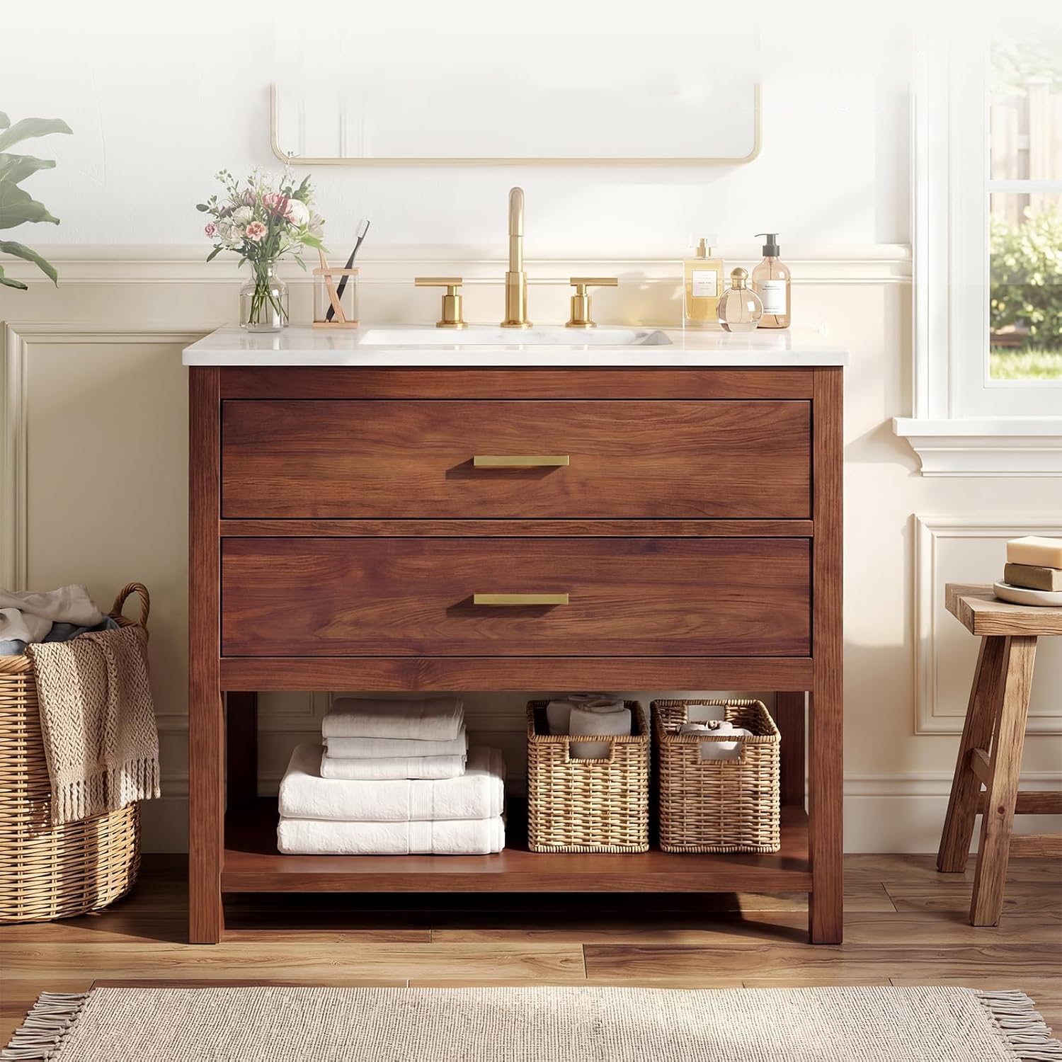 Photo 1 of *** NO RETURN - NO REFOUND*** IDEALHOUSE 36 Inch Bathroom Vanity with Sink, Farmhouse Style Bathroom Storage Cabinet with 2 Drawers, Golden Handle & Open Shelf, Easy Assembly, Walnut