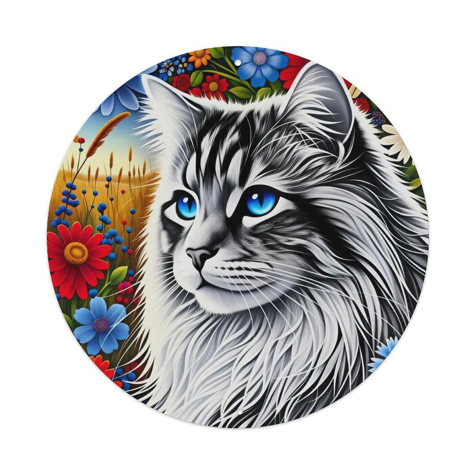 Cat Floral Field Blue Eyes Metal Tin Sign