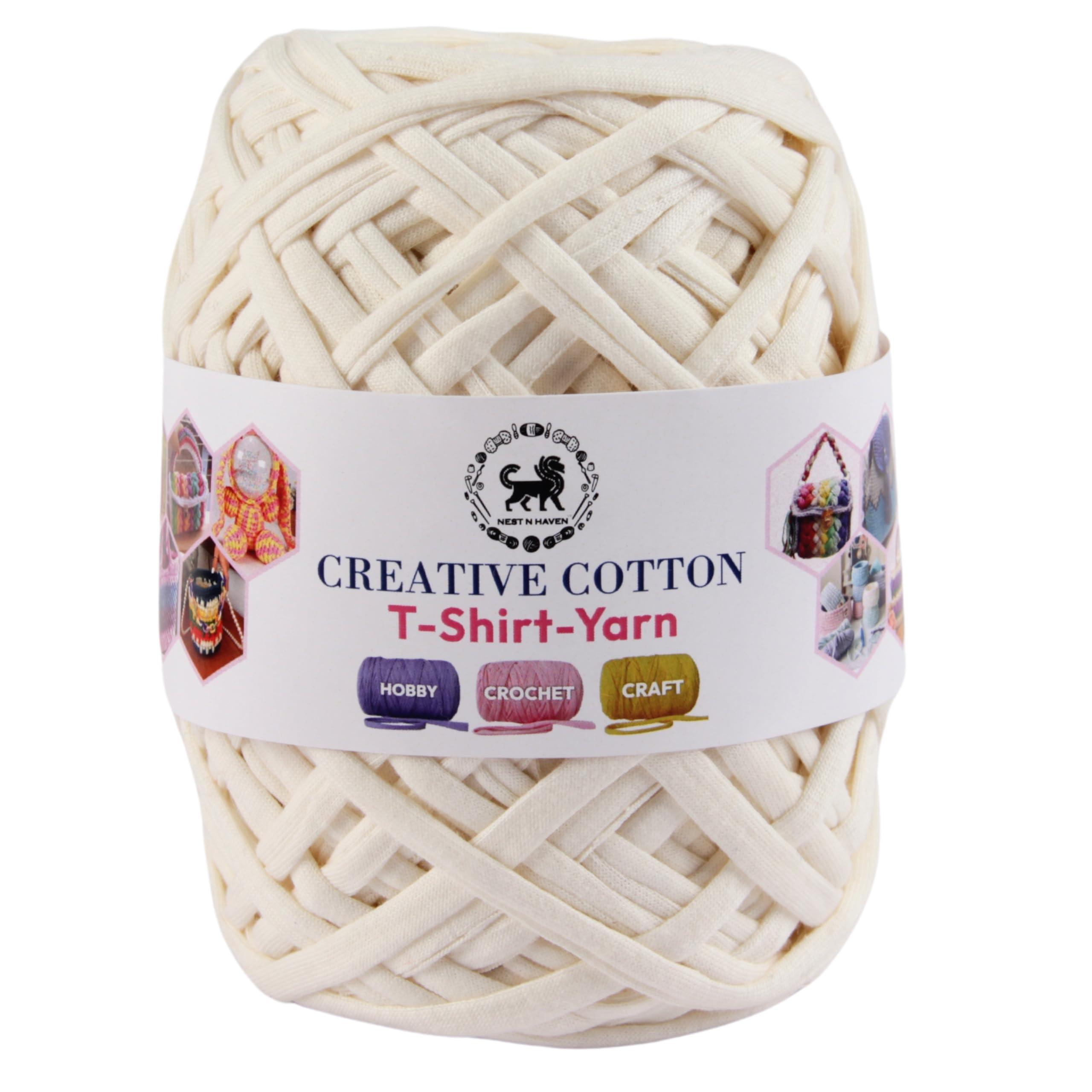 NESTNHAVEN Creative Cotton T-Shirt Yarn Carpet, Knitting Yarn for Hand Knitting DIY Bags, Baskets, Blanket, Cushion Crocheting Projects 200 GMS (Off-White)