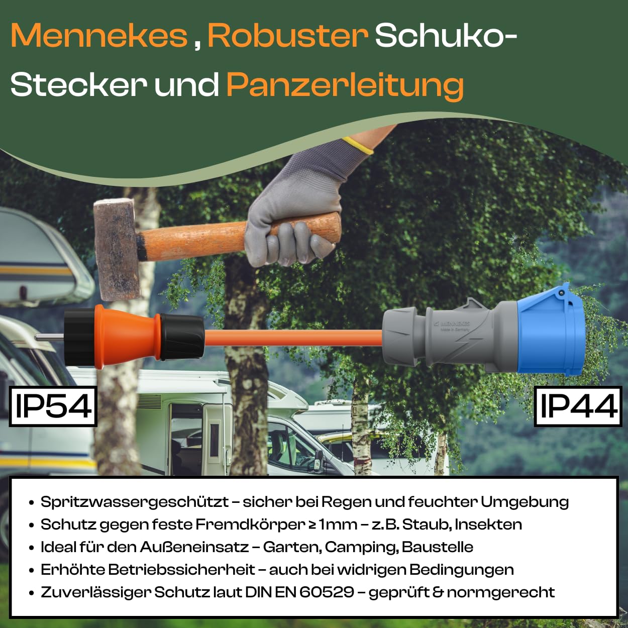 Schuko auf CEE Adapter 10m Camping Stromkabel H07BQ-F 3x2,5 Landstromkabel Wohnmobil Wohnwagen Kabel Camping Adapter 10 Meter Strom Verlängerungskabel CEE-Stecker Campingstecker