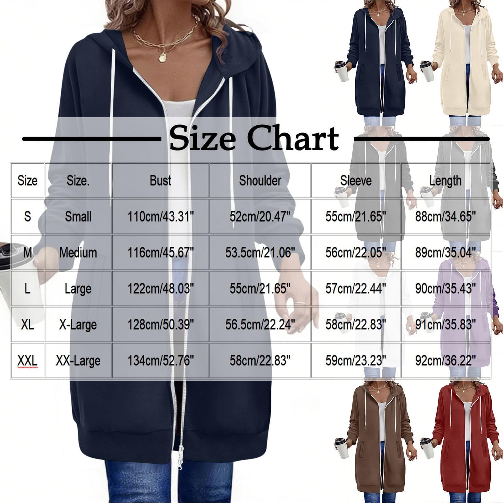 Bluza z kapturem na zamek dla kobiet, długa tunika, bluza z kapturem, bluza z kapturem z kieszeniami, jesienno-zimowa modna odzież