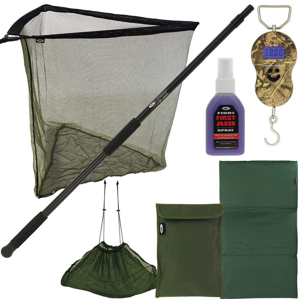 42" Carp Fishing Net 2m Handle Screw Fix Unhooking Mat Weighing Sling & Scale LCD Fish Aid Spray Deluxe Case Bundle