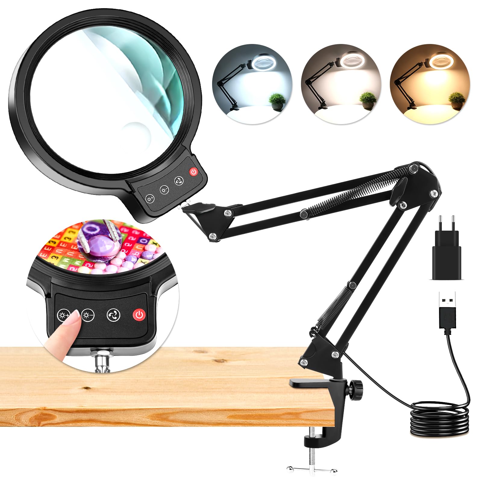 Loupe avec Lumière 36 LED 3 Modes de Couleur Mains Libres pour Lecture Artisanat
