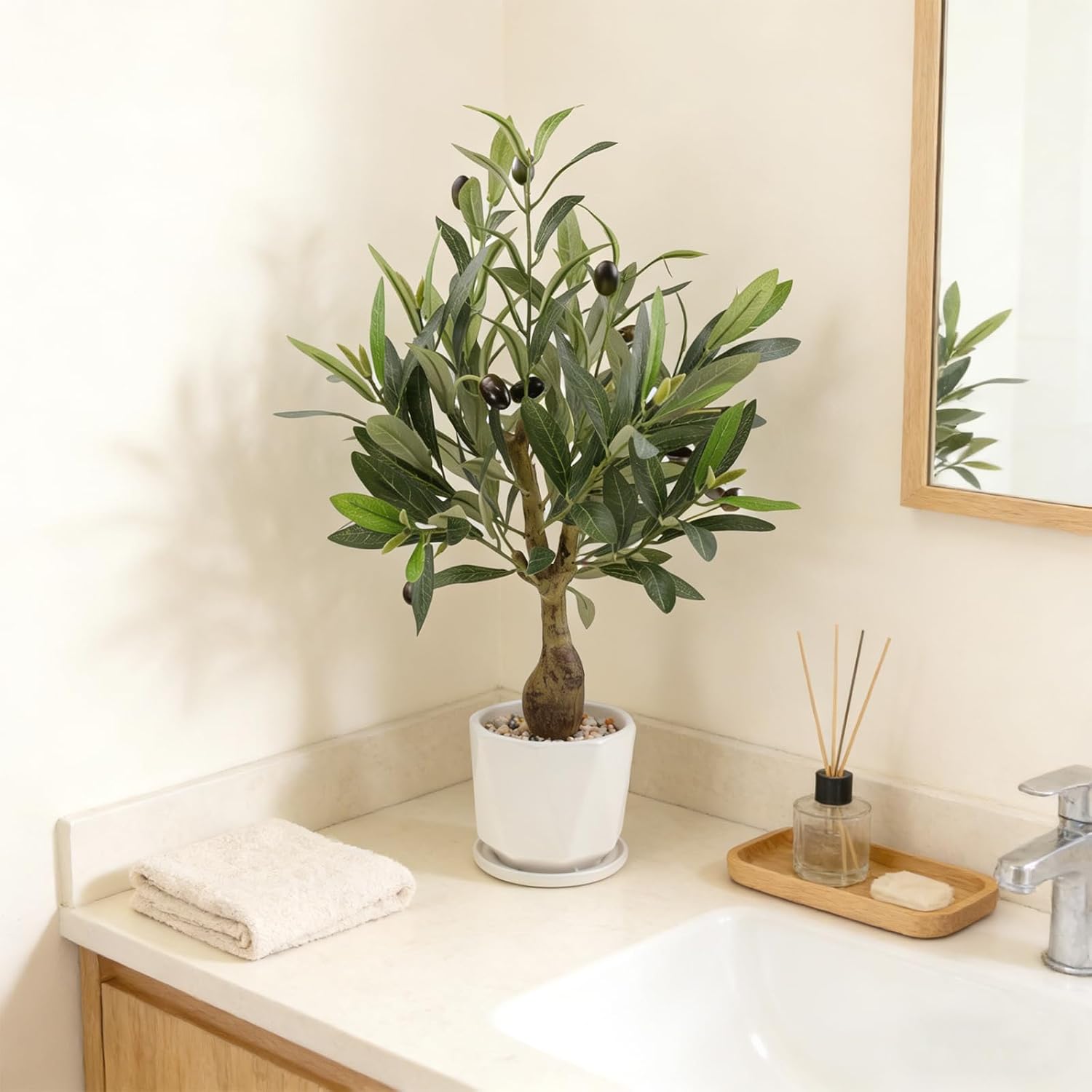 Fake Olive Tree with Pot Indoor, 18" Artificial Olive Tree Stems Potted Greenery Tabletop Faux Green Plants in Pot for Office Bedroom Bathroom Kitchen Living Room Home Decor
