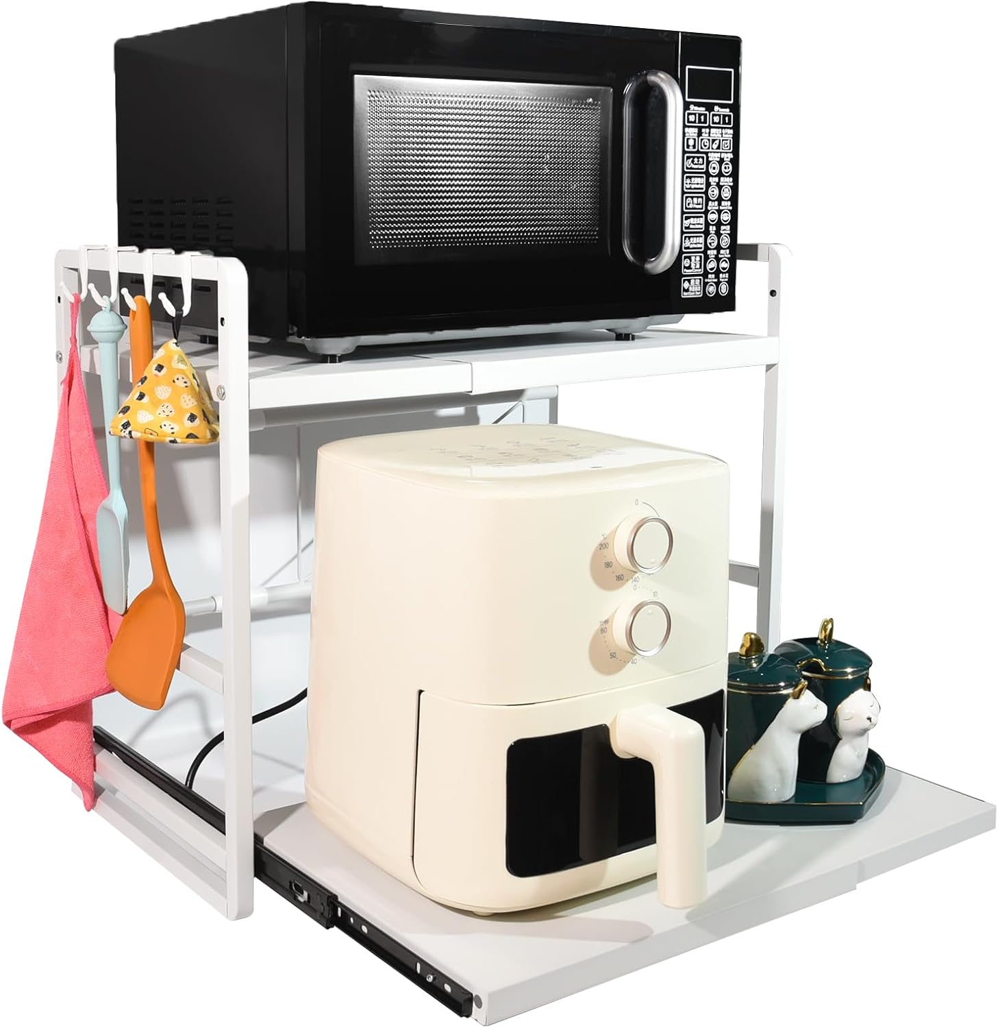 2-Tier Microwave Rack - Height Adjustable & Extendable Kitchen Shelf with Drawer - Carbon Steel - Includes Hooks & Reinforcement Suction Cups - Easy Assembly (White)