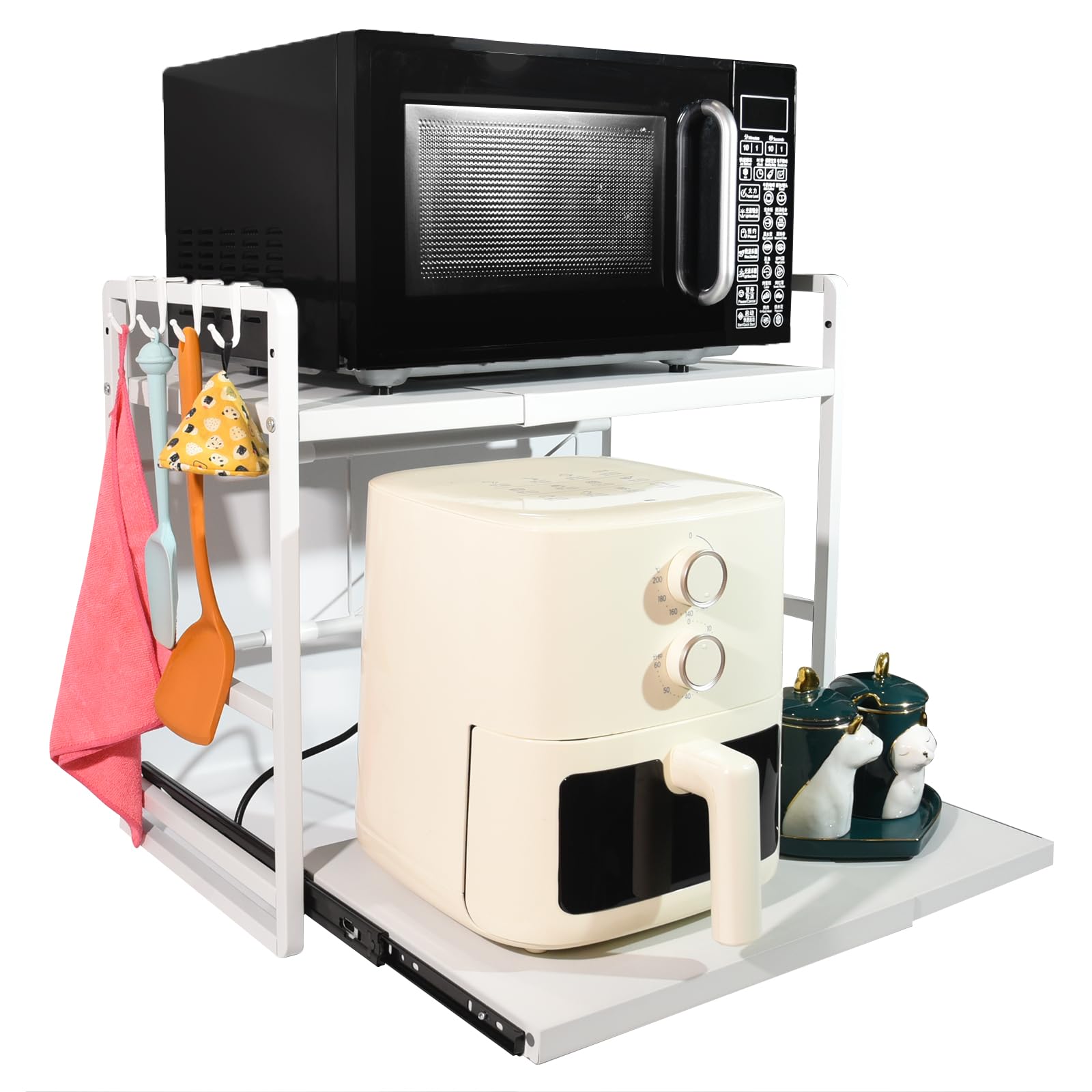 BeSokar Scaffale per microonde a 2 ripiani, regolabile in altezza ed estraibile, con cassetto, in acciaio al carbonio, con ganci e ventose di rinforzo, facile da montare (bianco)