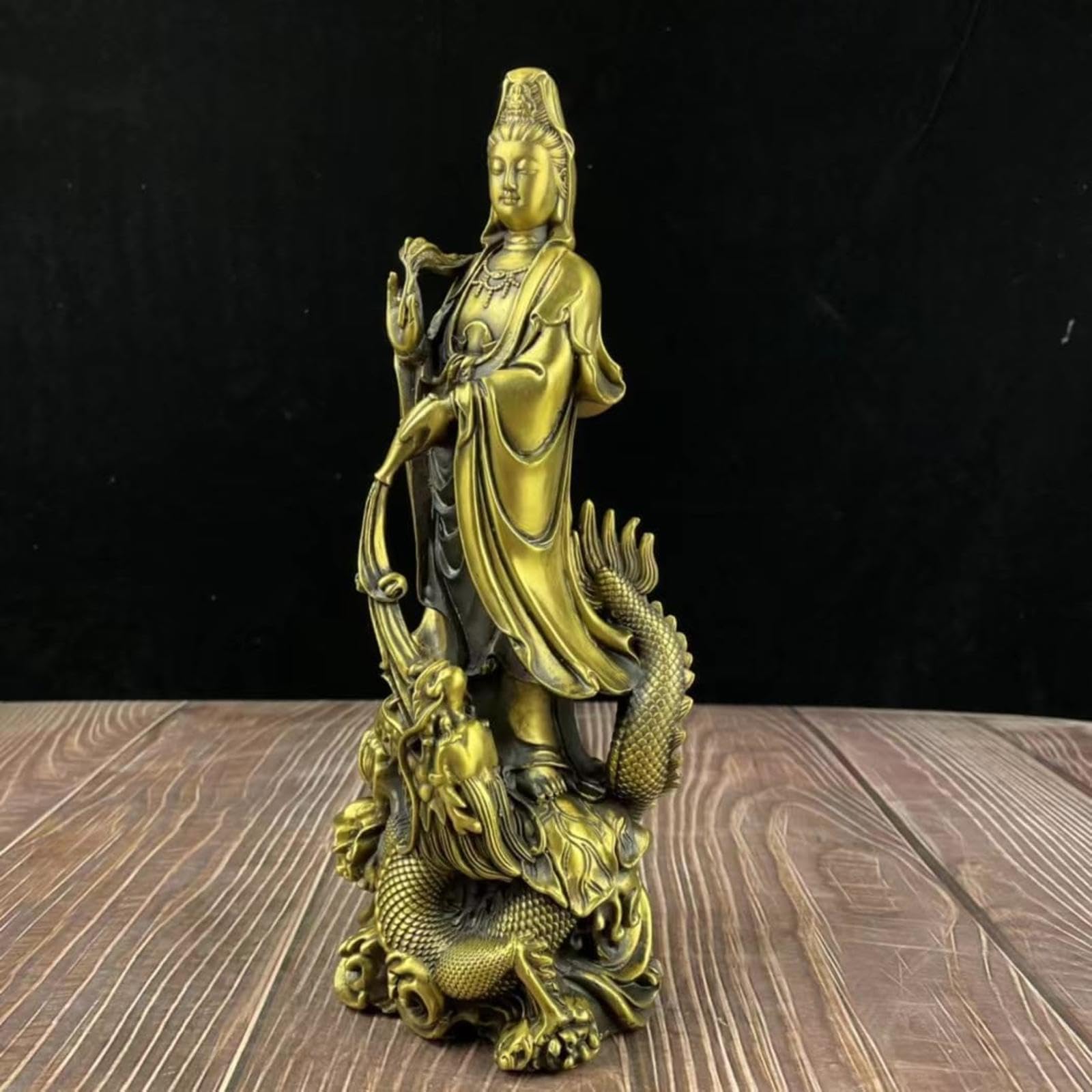 Statue de Kuan Yin Statue de Guan Yin chevauchant Un Dragon Chinois - Figurines de Collection en Laiton - Sculpture de la déesse de la miséricorde et du Dragon Chinois Feng Shui, Petite