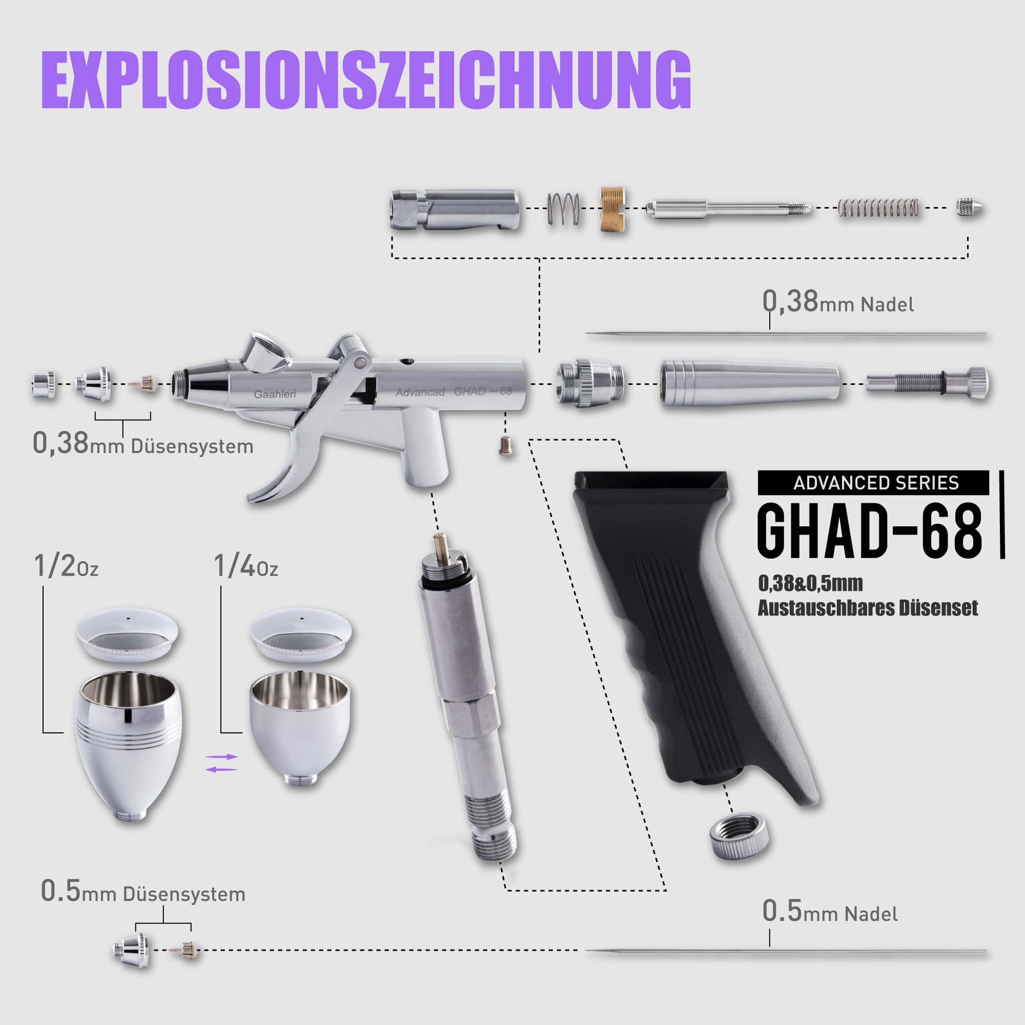 Gaahleri Airbrush-Set Dual-Action Schwerkraftzufuhr 0,38 0,5 mm Nadeln 1/2 1/4 Unzen Becher