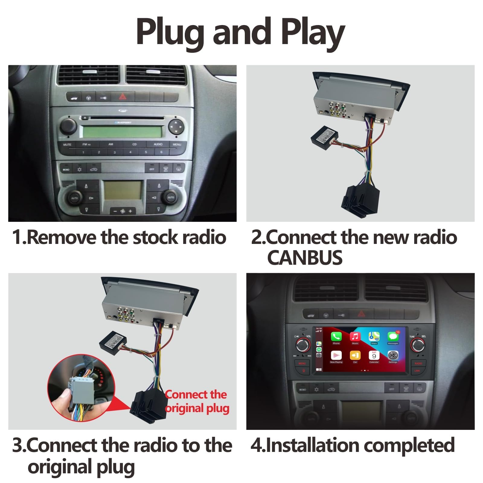 Autoradio per Fiat Grande Punto 2005-2009 con Wireless CarPlay Android Auto Stereo per Fiat Linea 2007-2011 Bluetooth/Mirror Link/FM/AM/USB