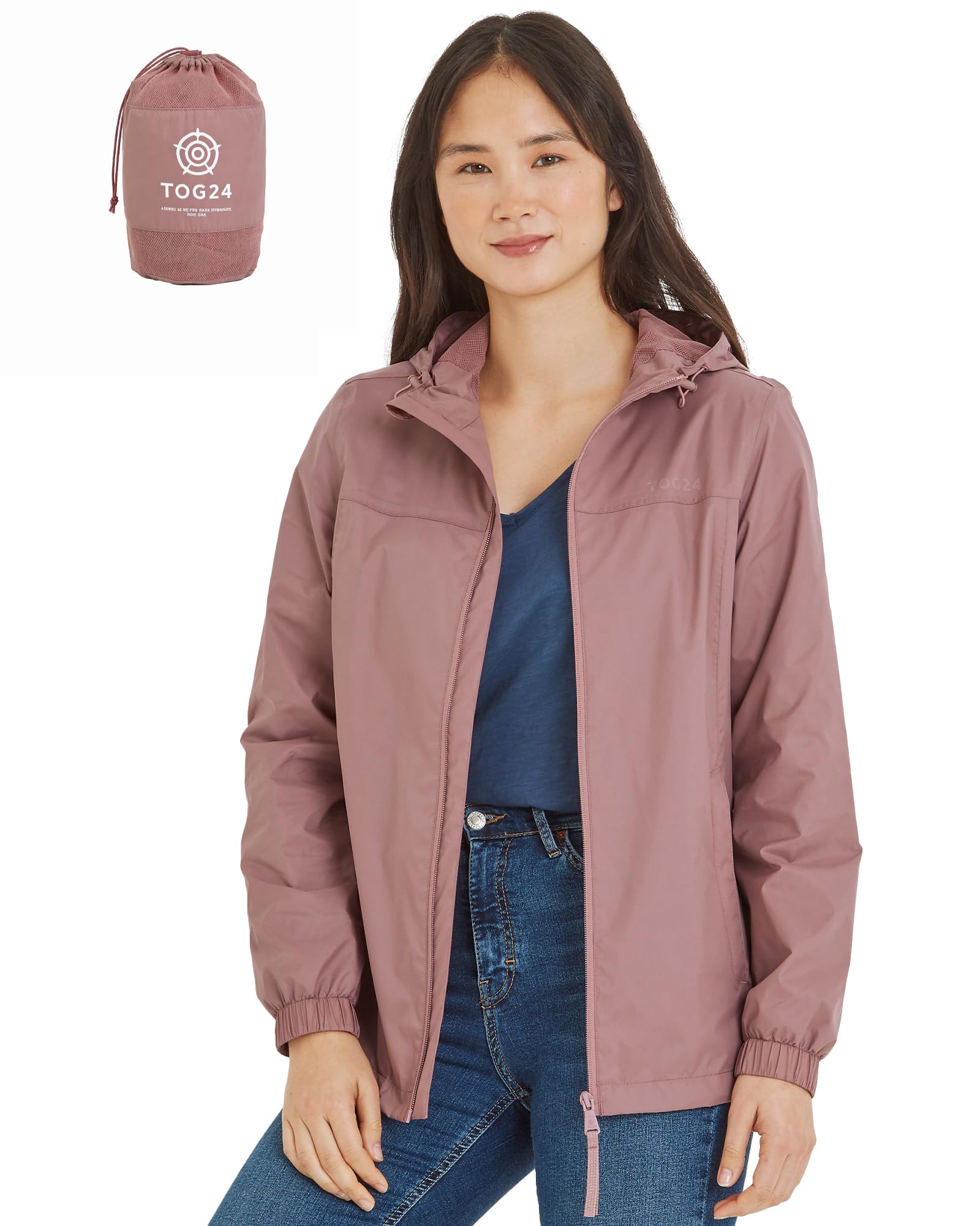 Tog24 Women's Mauve Craven Waterproof Packaway Rain Jacket With Bag, Full Length Zip And Adjustable Hood, Breathable, Windproof, Suitable For Hiking And Outdoors