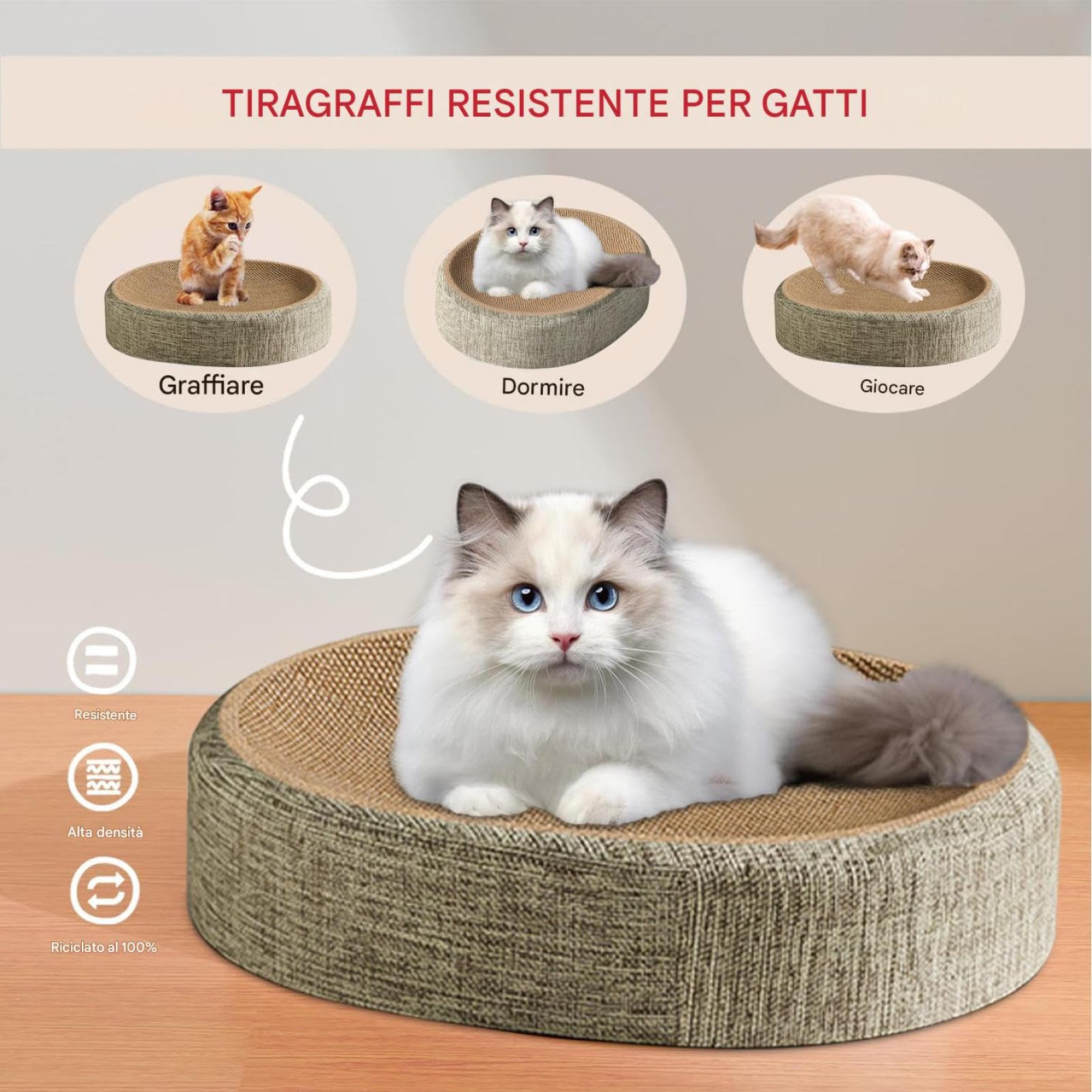 Tiragraffi Per Gatti Resistente In Sisal, 60x40x8cm 2 In 1 Cartone Rotondo Tiragraffi, Cuccia Ovale 2 In 1, CerchiTiragraffi Lounge Per Graffiare, Riposo E Gioco Gatti Da Interno
