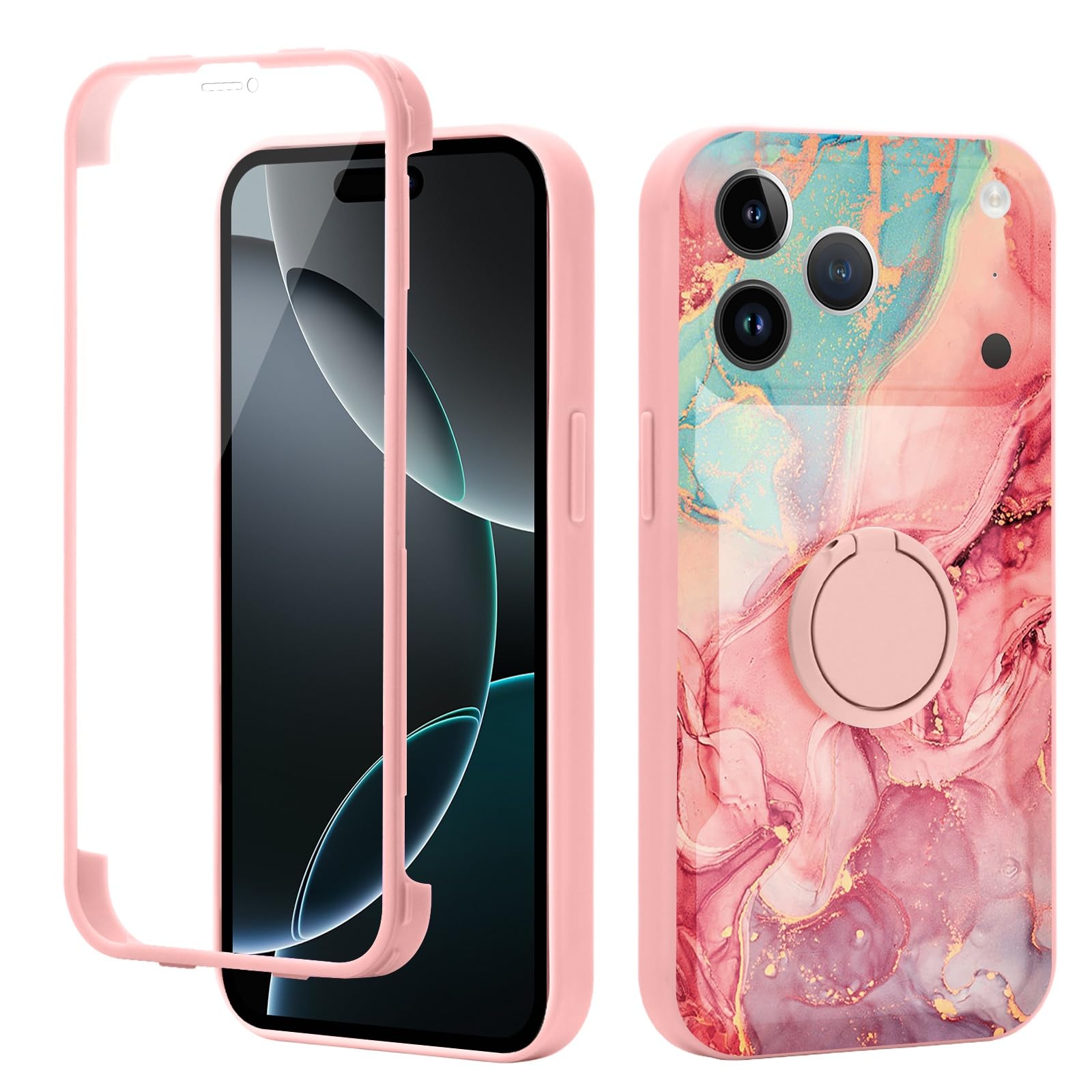 Yoedge Kickstand Phone Case for iPhone 17 Pro Max 6.9",360°Rotatable Magnetic Ring Holder Cases,Full Body Shockproof Silicone Back Cover with Built-in Screen Protector,Pink Marble Pattern