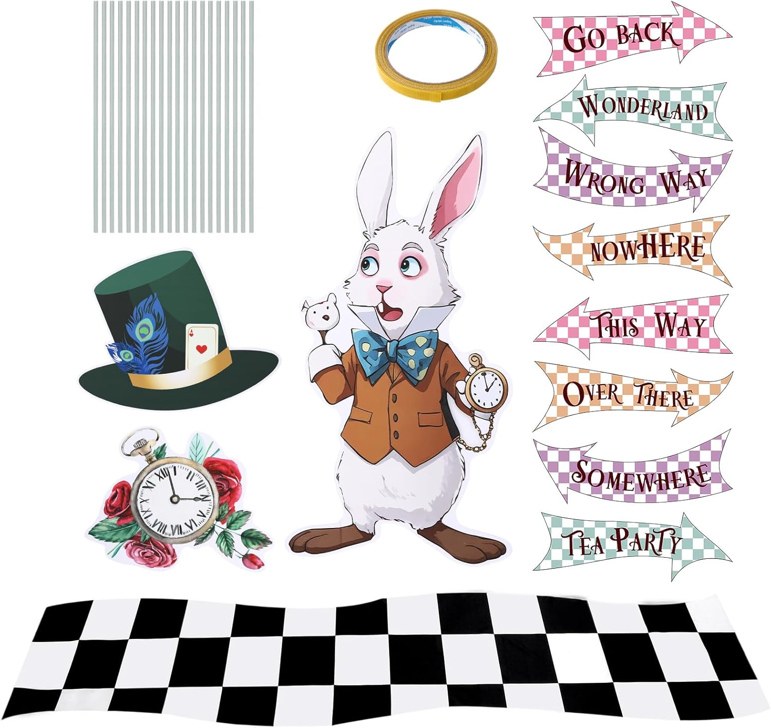 AceOrbit 12 Pcs Wonderland Party Decorations, 118" Black and White Checkered Runner Carpet, Trunk or Treat Wonderland Tea Party Decor Arrow Signs with Stakes for Afternoon Tea Birthday