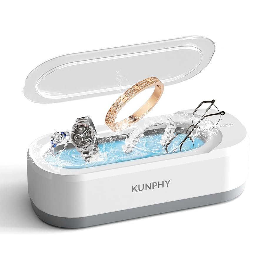 KUNPHY Ultrasonic Jewelry Cleaner, Jewelry Cleaner Machine 12oz 46KHz, Professional Sonic Cleaner with One-Touch Operation, Sonic Cleaner for Rings, Glasses, Jewelry, Dentures White