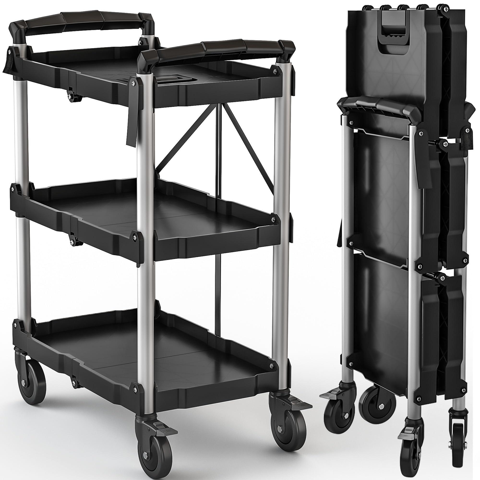 DWVO 3-Tier Foldable Service Cart with Swivel Wheels &amp; Brake, 350LBS