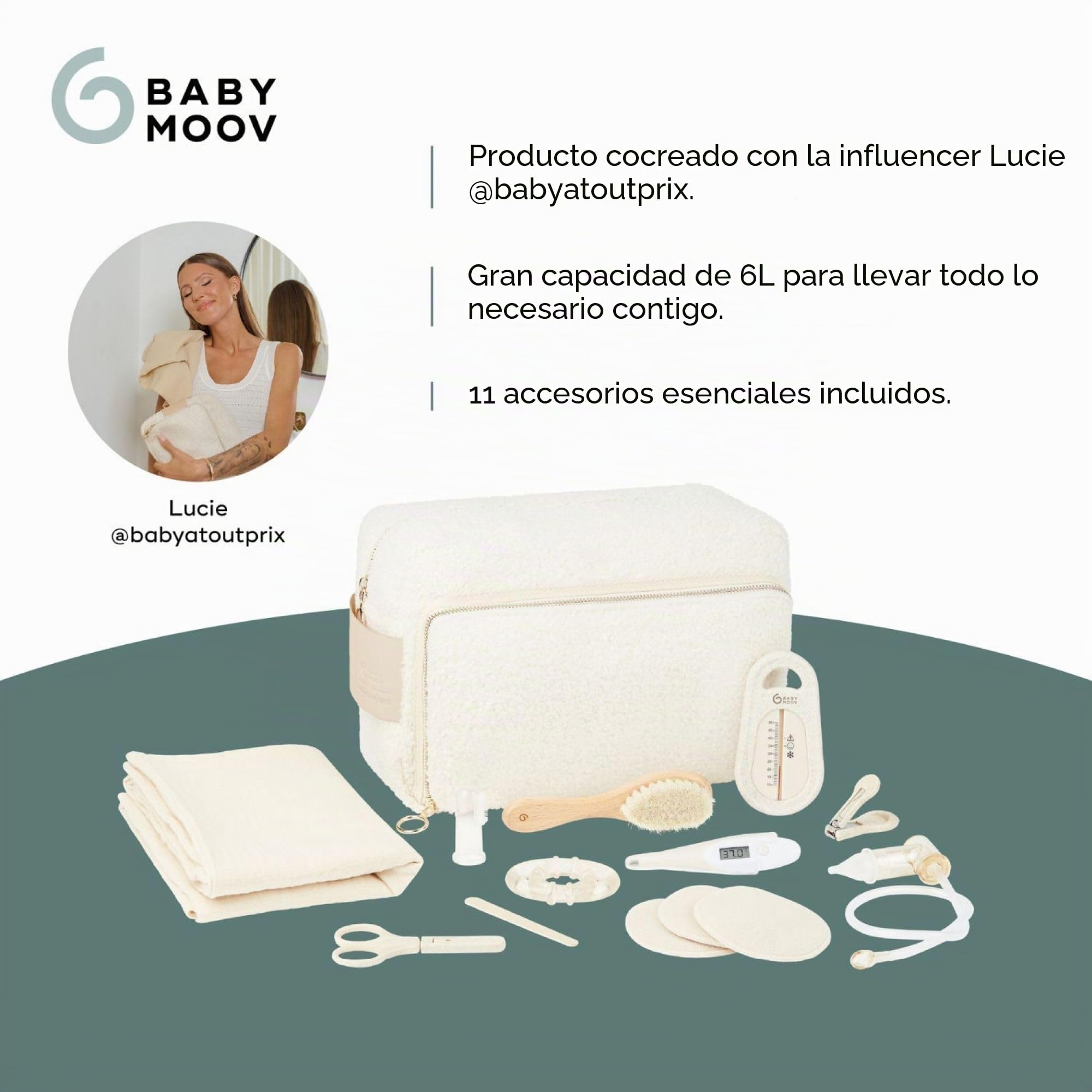 Babymoov Neceser para el cuidado del bebé, 11 artículos esenciales para recién nacidos, incluyendo aspirador nasal, termómetro de baño y cortauñas; Gran tamaño: 6 litros; práctico y elegante.