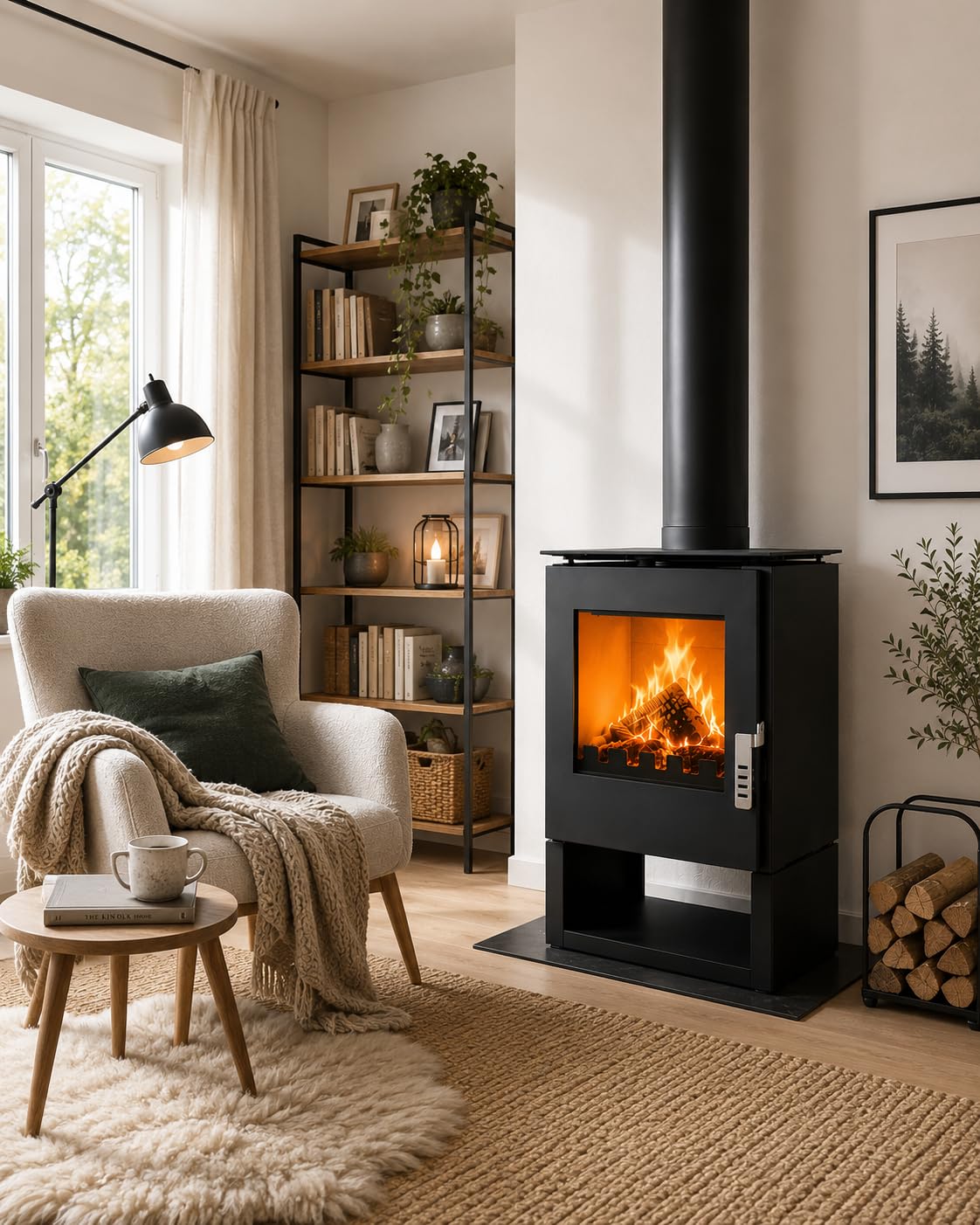 Verso Rheia - Poêle à bois 5 kW - 80,2 % d'efficacité élevée - Plaque supérieure compacte en acier (pas de fonte) - Petit poêle à bois pour 70-100 m³ - Eco Low Emissions - Émission de fumée de 150 mm