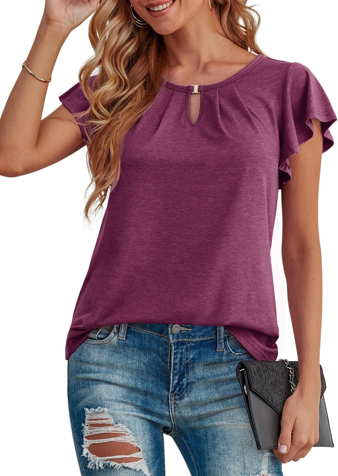 AWULIFFANWomens Ruffle Short Sleeve Dressy Casual Top Pleated V Neck T-Shirt Keyhole Blouses