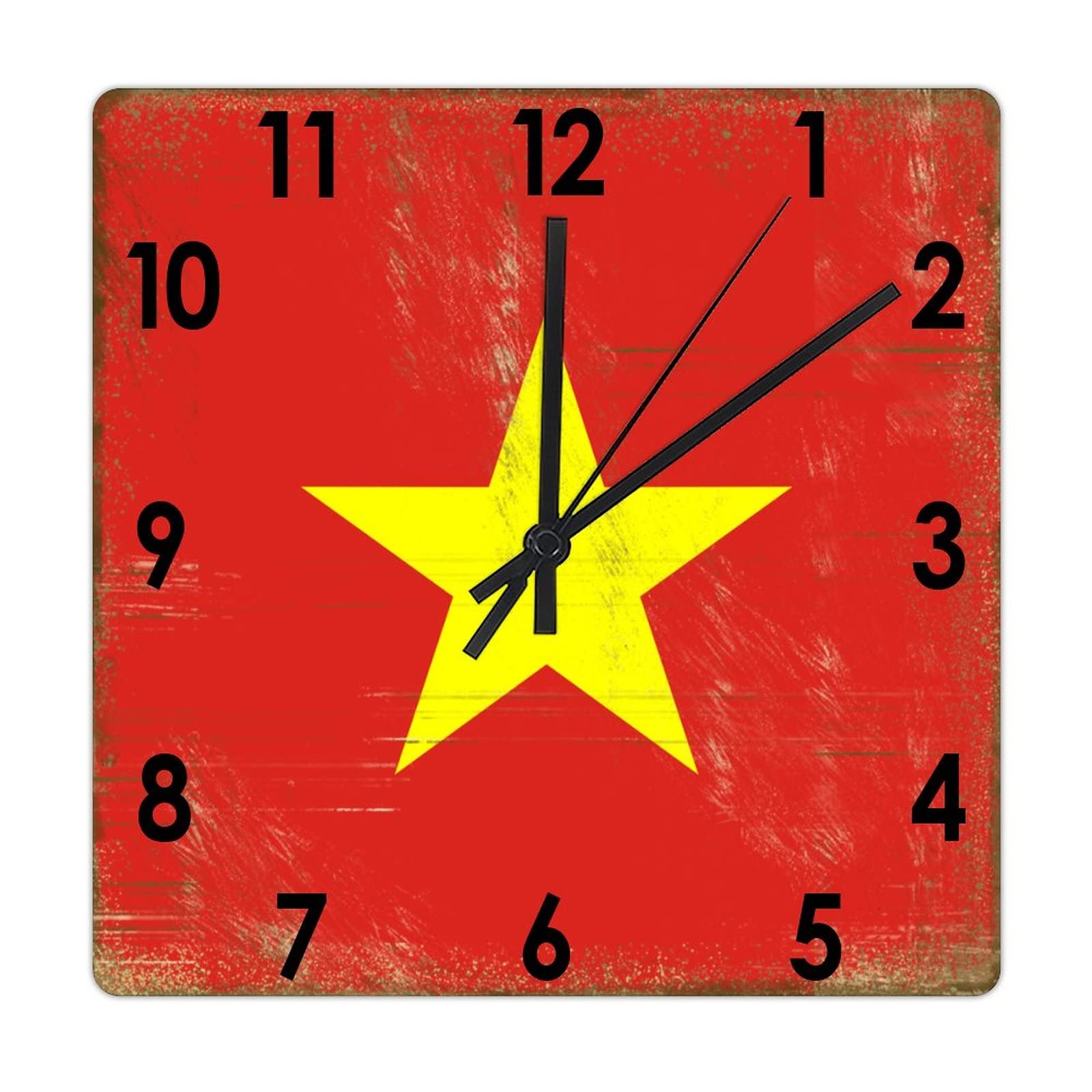 Horloge murale carrée bois du Vietnam drapeau silencieuse salon bureau 38cm