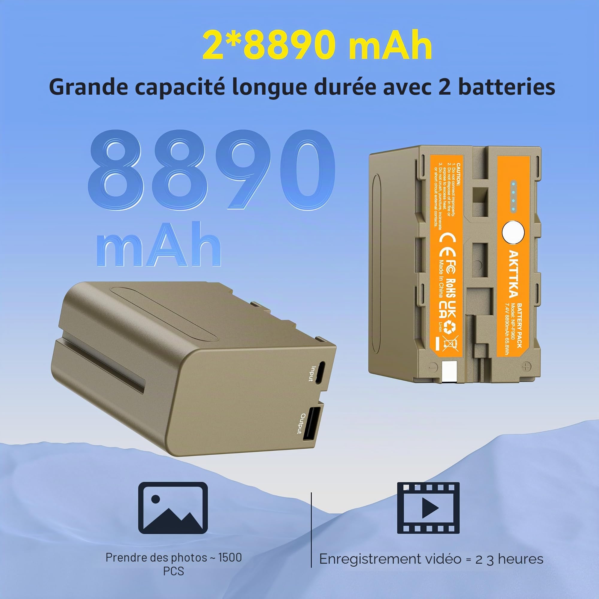 Lot de 2 Batteries NP-F960 8890mAh avec câble de Recharge USB-C