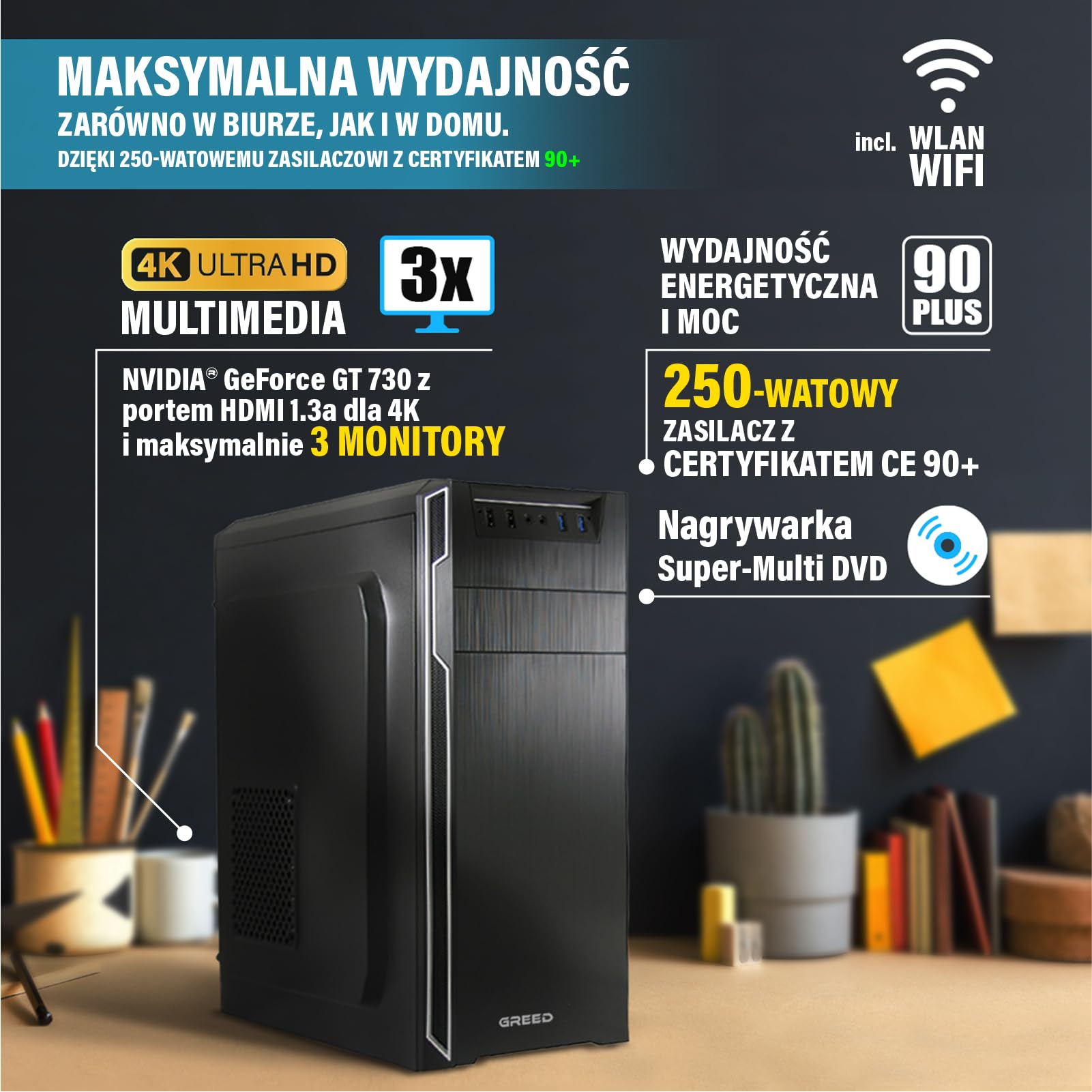 GREED® Intel Core 12th Multimedia PC - komputer stacjonarny do biura i domu szybki Maszyna 4,3 GHz, 16 GB pamięci RAM, 240 GB SSD + 1 TB - DVD+RW - USB3.0, WLAN, w zestawie z systemem Windows 11 Pro