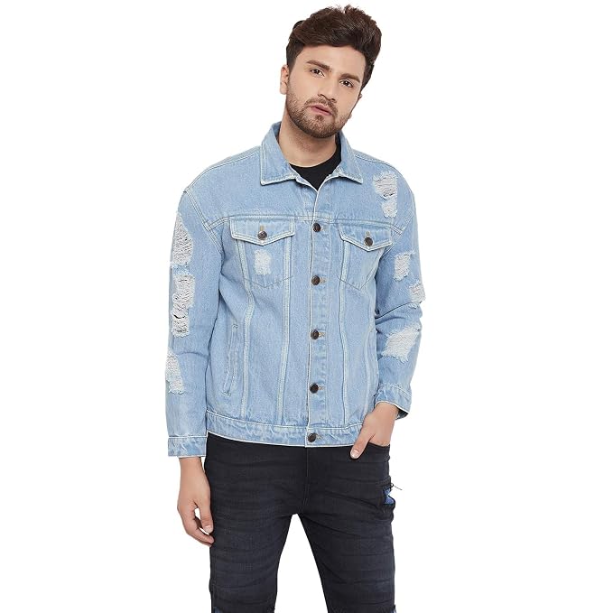 Blue Oversized Damaged Denim Jacket 
