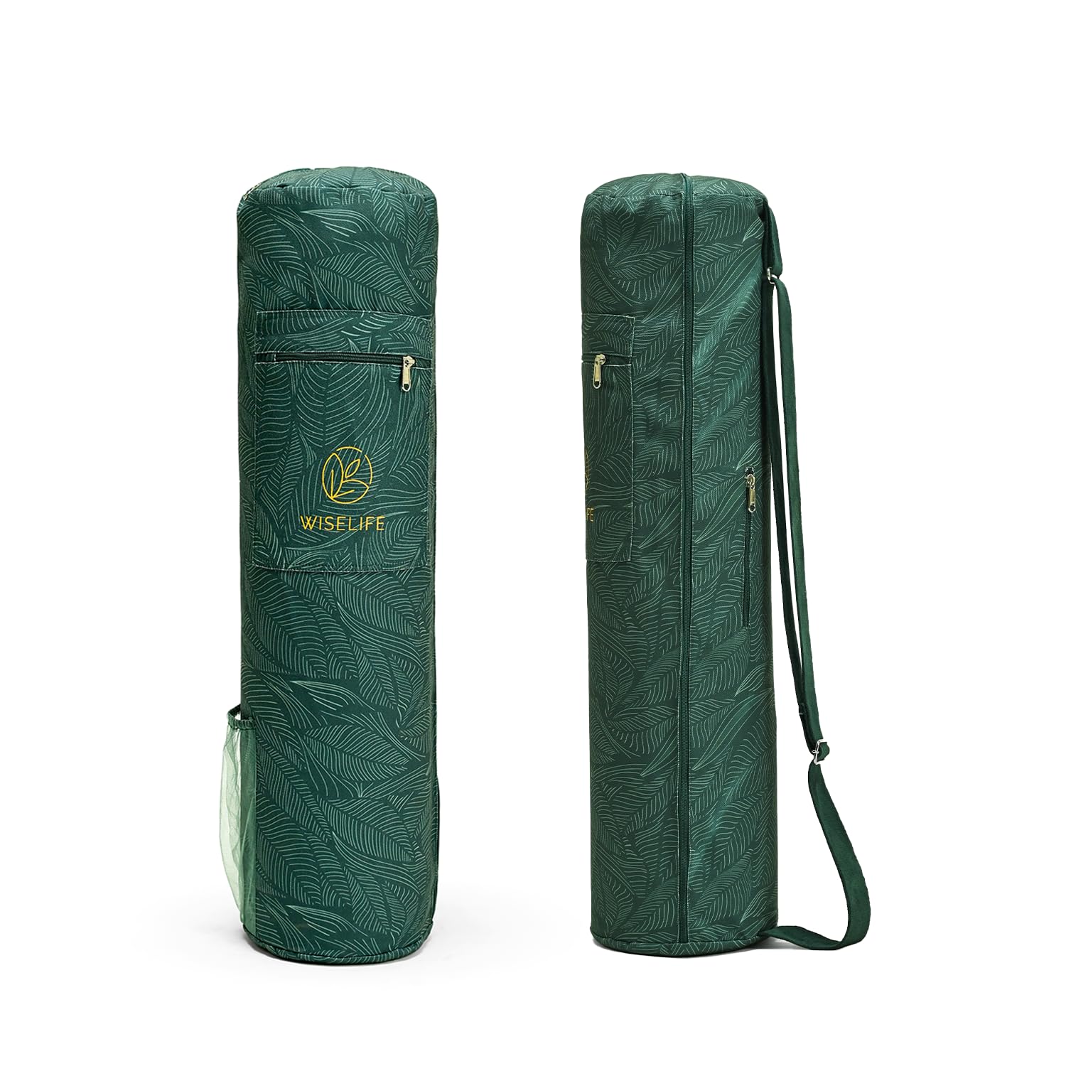 Wiselife Yoga Mat Bag Green Leaves Premium Carry Bag, Full Easy Access Zip, Multi Functional Storage Pockets & Adjustable Shoulder Strap - (Up to 8mm -Green)