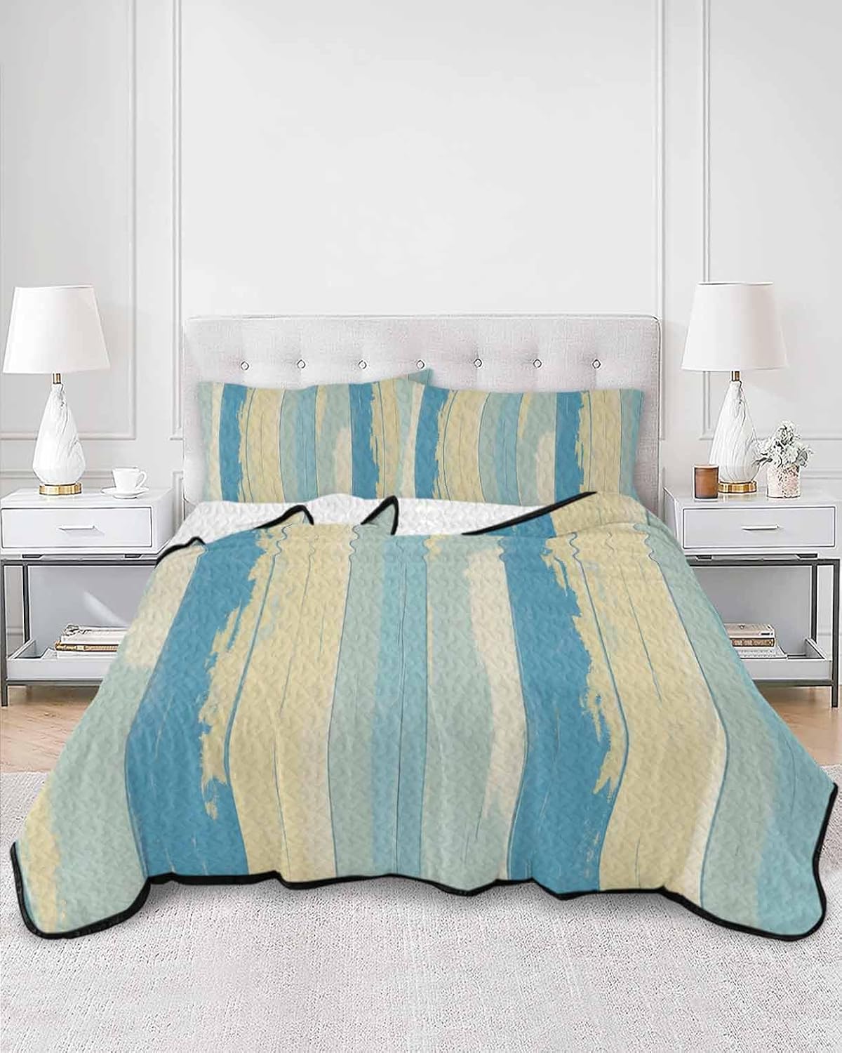King Size Quilt Set, Farm Wood Board Blue Gradient Lightweight Bedspread Coverlet Set Soft Microfiber Summer Quilt with 2 Pillow Shams, Mottled Texture 3 Piece Comforter Bedding Set