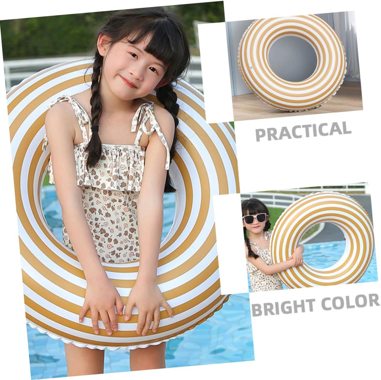 Inflatable Swim Ring for 2-4 Years Old 60# Orange Stripe Thickened Safety Floating Pool Swim Accessory Lightweight Summer Water