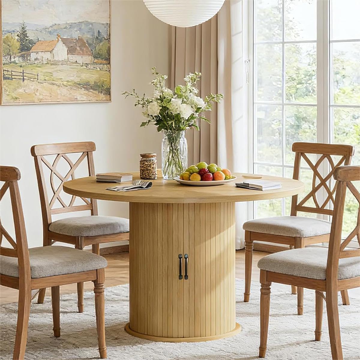 47" Round Dining Table for 4, Modern Fluted Circle Kitchen Table with 2-Layer Storage and Sliding Door, Farmhouse Dinner Tables for Kitchen, Dining Room, Oak Natural