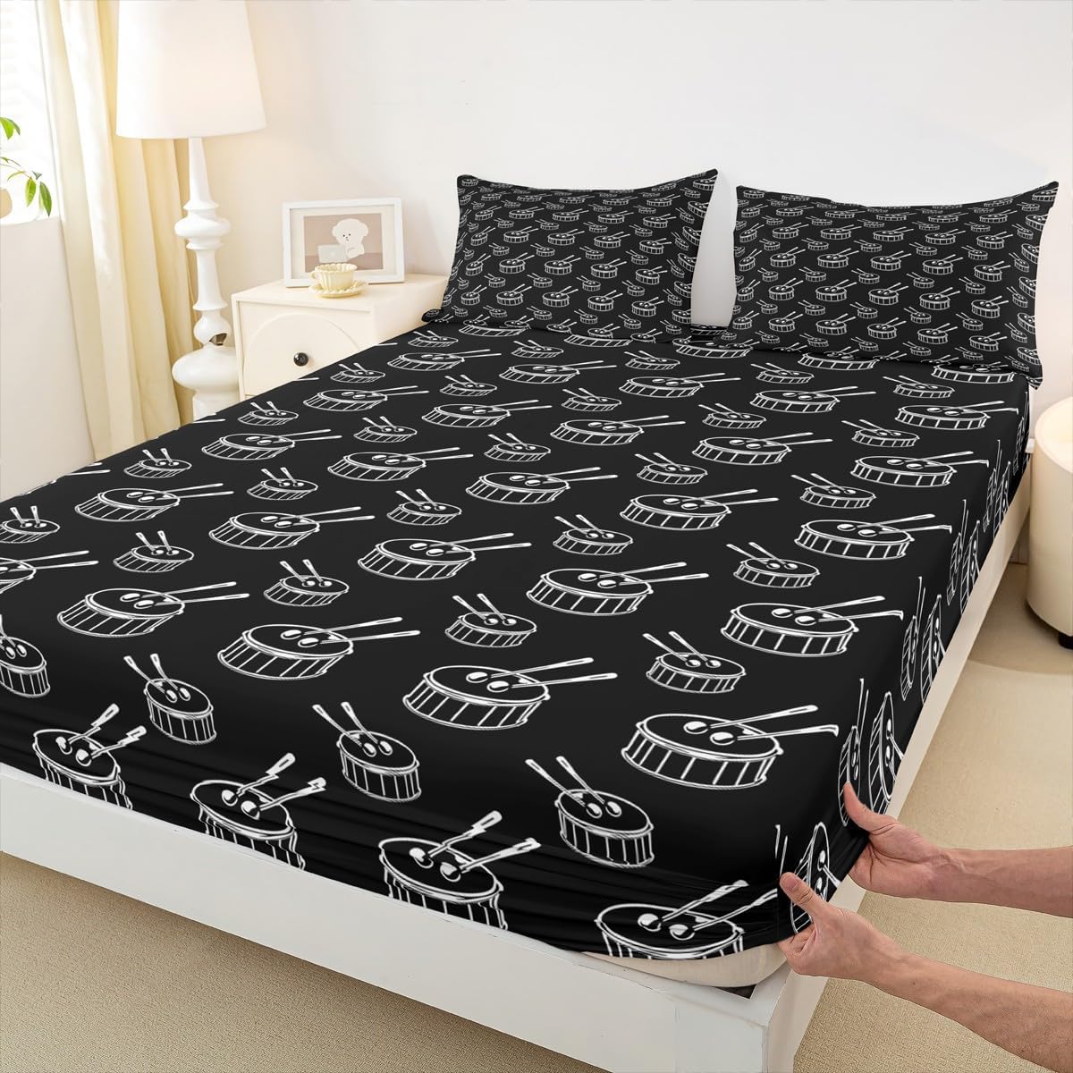 Feelyou Rock Music Bed Sheets Set Cool Drum Kit Sheet Set Kawaii Musical Instrument Sheets with Deep Pocket Fitted Sheet Hip Hop White and Black Bedding Set Full Size with 2 Pillow Case