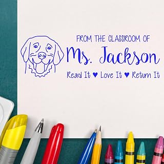 Custom Classroom Ownership Stamp, Self-Inking, Golden Retriever Image, Ideal for Art Teachers, Size 7/8 x 2-1/4 - Personalized Teaching Tool, Ideal for Marking Student Artwork, Golden Retriever Stamp