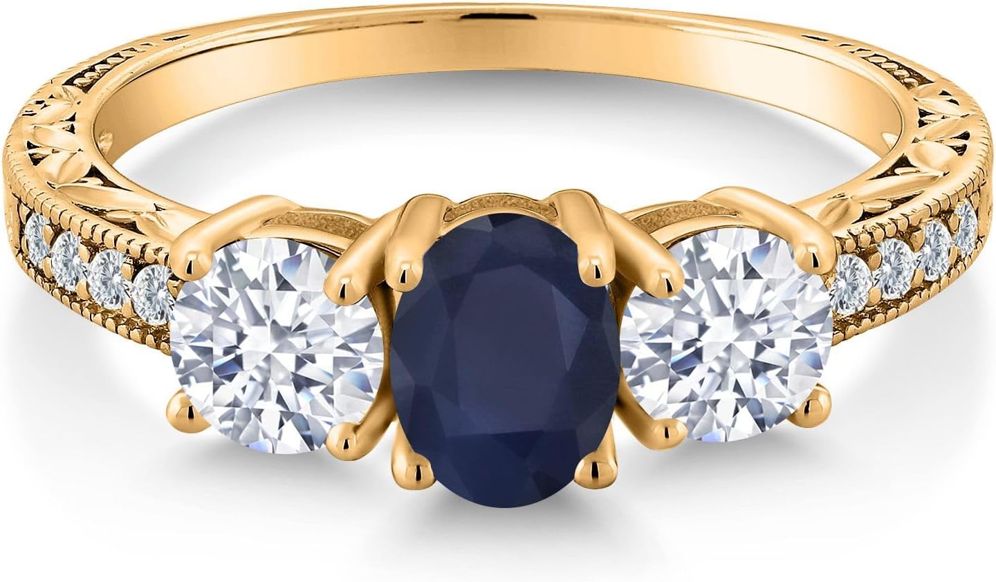 Gem Stone King 18K Yellow Gold Plated Silver Gemstone Birthstone 3-Stone Engagement Ring for Women | Oval 7X5MM and Round 5MM | Filigree and Milgrain Detail | Three Stone Wedding Anniversary Promise
