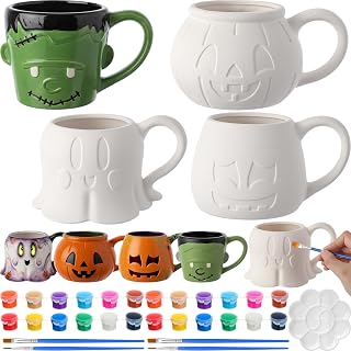 Zubebe 4 Sets Halloween Paint Your Own Mugs Craft Kit, Halloween Ceramic to Paint, Bat Face Green Monster Ghost Jack-o'-Lantern Pumpkin DIY Mugs, Festive Coffee Tea Cup with Paints, Brushes & Palette