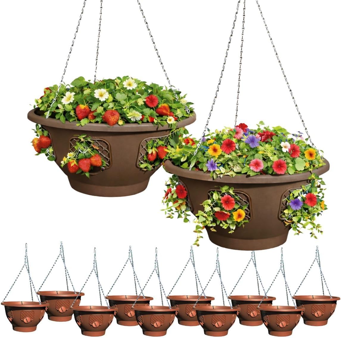 Hanging Planter Basket 10 Pack Bulk, Easy Fill Strawberry Planter, Outdoor Hanging Basket with Side Planting Panels, Durable UV Resistant Planters, Made in USA (10, Mocha)