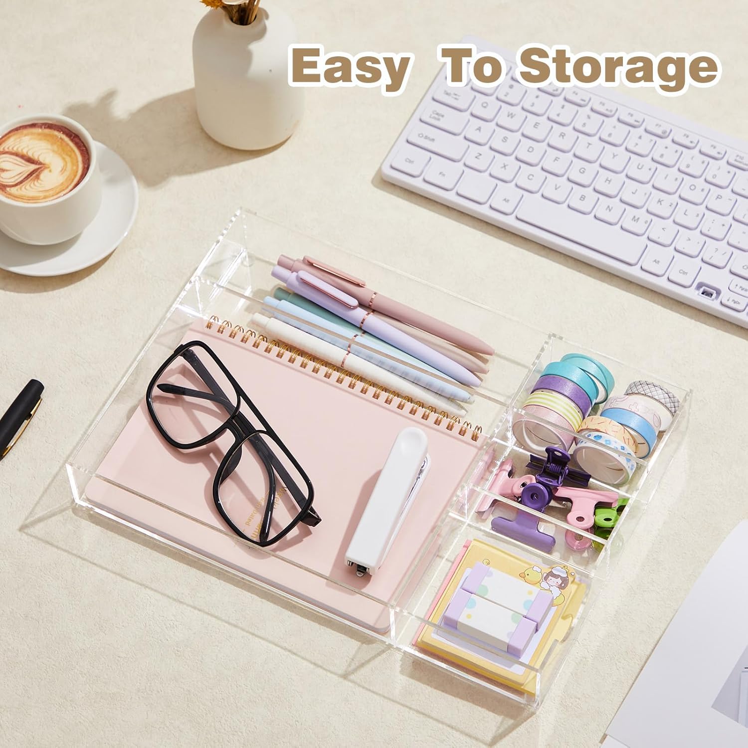 Briwooody Acrylic Desk Drawer Organizer 12.2 x 8.27 x 1.77 Inch Storage Tray Organizer for Pens, Stationery, Desktop, Office, Bathroom, Kitchen, Makeup Supplies(5 Compartments, Clear)