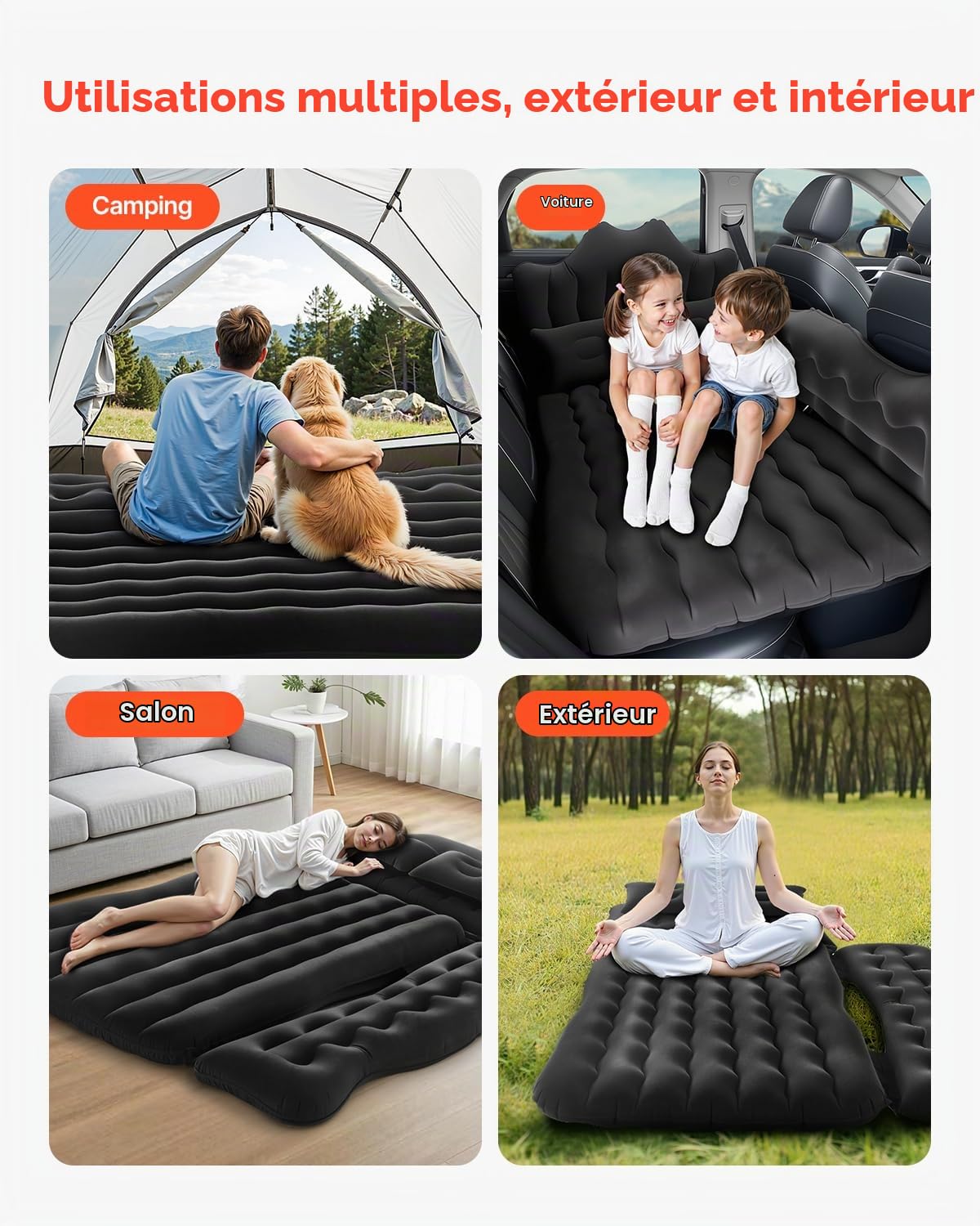 VEVOR Matelas Gonflable pour Voiture, lit Gonflable floqué pour siège arrière, Matelas de Couchage Portable et Durable avec Pompe à air, 2 oreillers, Embout, Sac de Transport, pour SUV, MPV, Noir