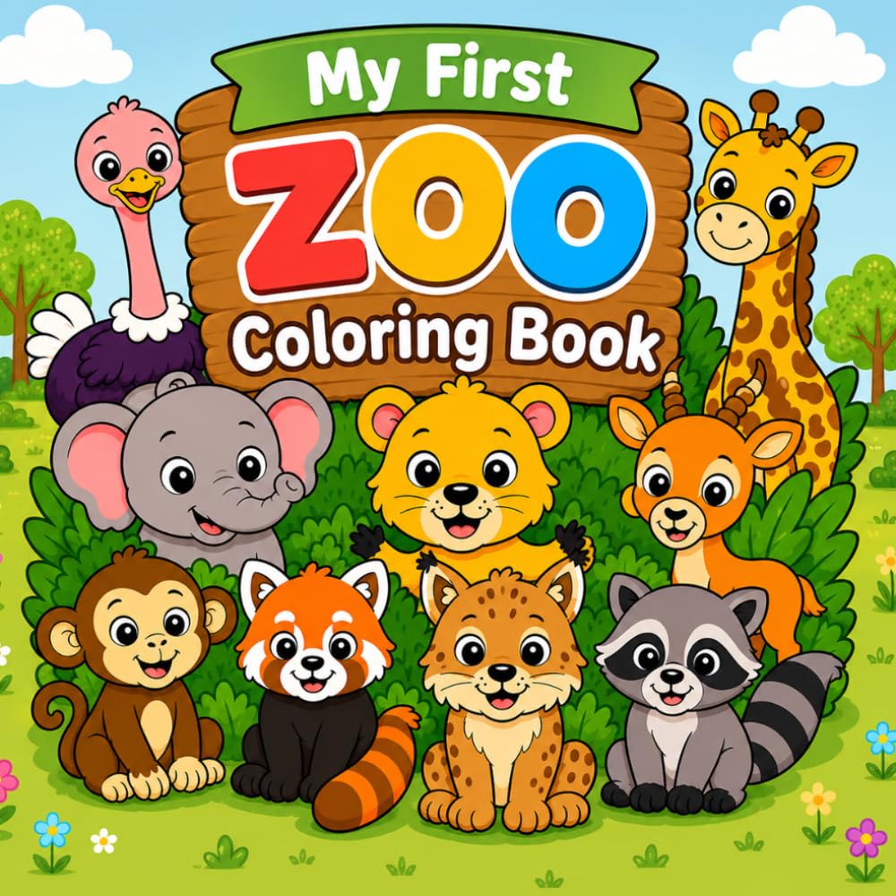 My First Zoo Coloring Book: Coloring Book for Kids Ages 2+ Cute Animals and Simple Coloring Pages for Toddlers, Preschool & Kindergarten