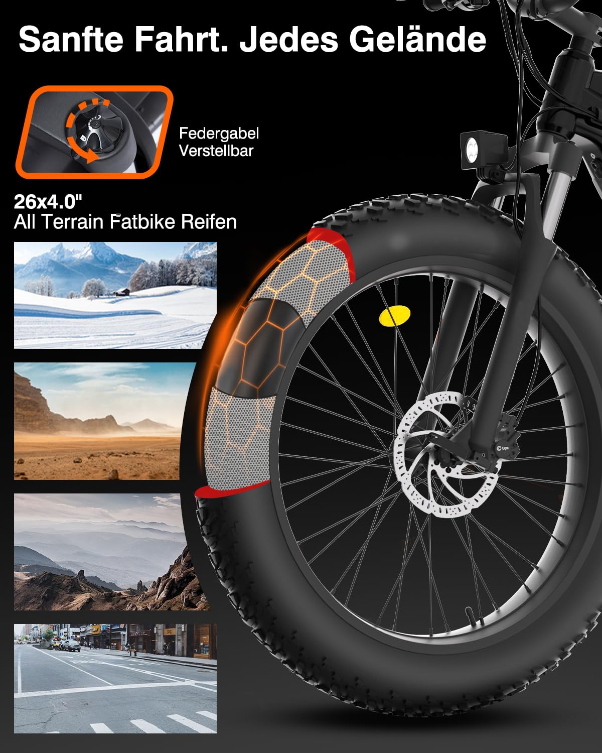 Bodywel E Fatbike Herren Damen, 26x4.0 All Terrain E Bike Mountainbike, 48V 15Ah Akuu, 250W Heckmotor, 7-Gang-Getriebe, Federgabel Verstellbar, Hydr. Scheibenbremsen, Legierungsrahmen