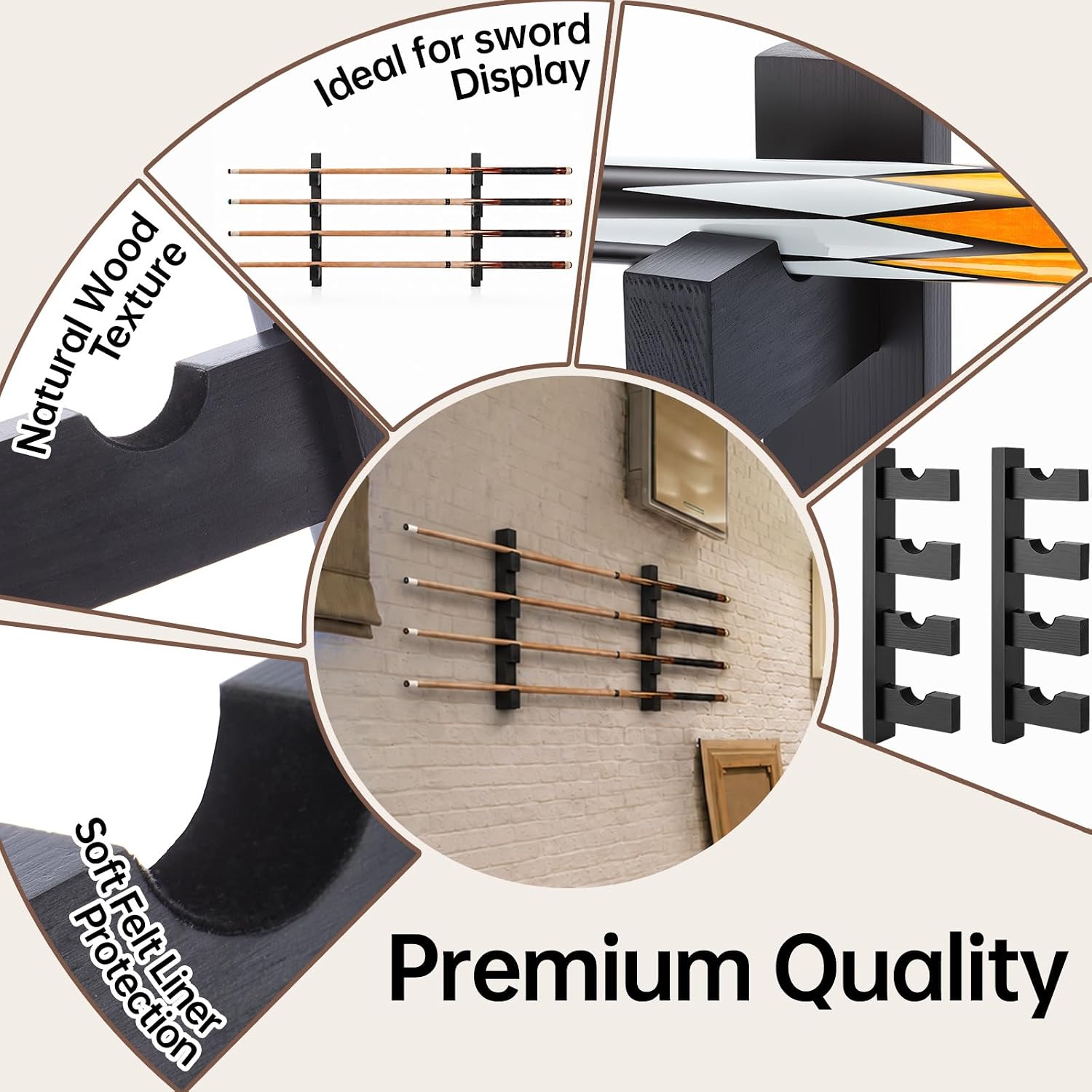 Pool Stick Holder Wall Mount, Holds 4 Billiard Cues, Solid Pine Wood Pool Cue Rack with Felt Lining for Organizing Billiard Table Accessories and Equipment