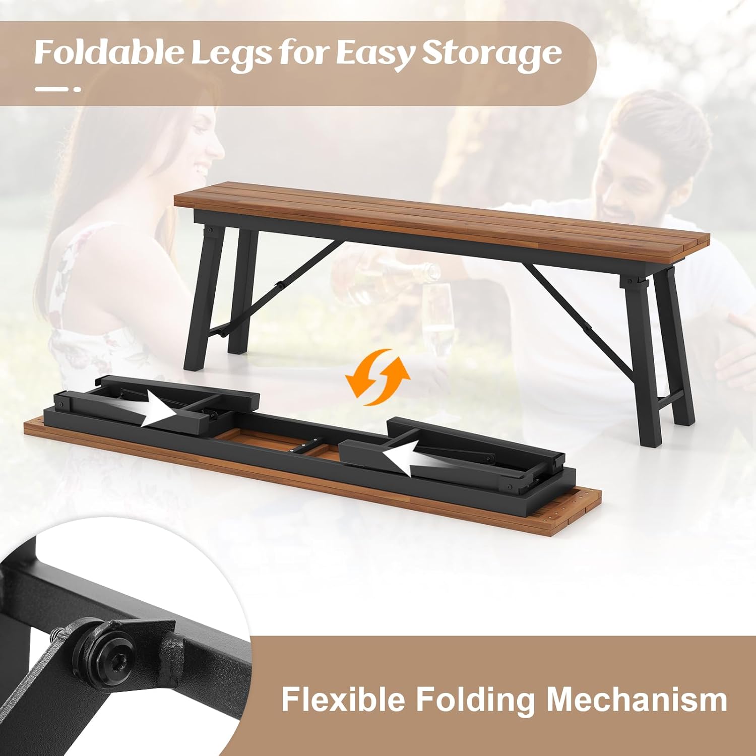 Tangkula Outdoor Folding Bench Set of 2, 55” 2-3 Person Acacia Wood Backless Patio Dining Bench, No Assembly Weatherproof Picnic Bench, Collapsible Benches for Porch, Yard, Poolside, Balcony