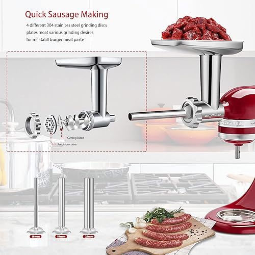 Vista 11 de Accesorio para molinillo de alimentos de acero inoxidable para batidoras de pie KitchenAid que incluye relleno de salchichas, accesorio perfecto
