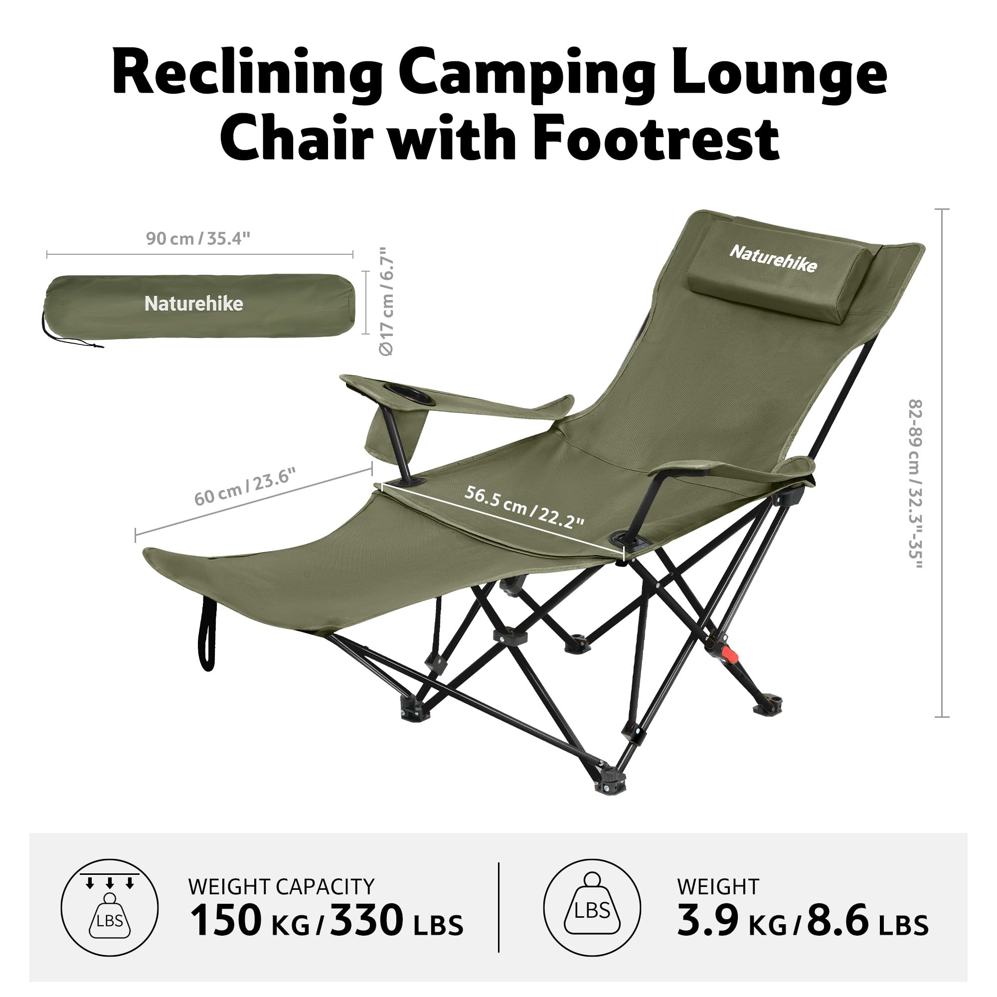 Naturehike Sedia da campeggio pieghevole 2 in 1, 150 kg, con poggiapiedi, sedia da spiaggia con schienale regolabile in 3 posizioni, sedia da pesca con portabicchieri, per esterni, spiaggia, pesca