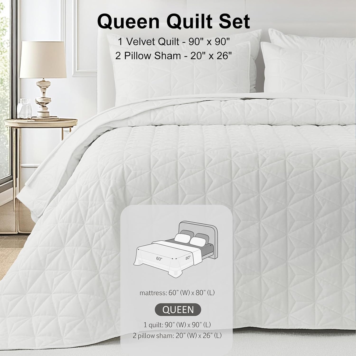 Corduroy Quilt Set Queen 90"x90", Lightweight All-Season Quilt with 2 Pillow Shams, Soft Fine-Striped Quilted Bed Cover, Cream White