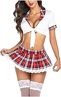 Vista 7 de Borniu Lencería para mujer, juego de rol, lencería sexy para estudiantes, disfraz de estudiante transparente con lazo frontal y falda a cuadros