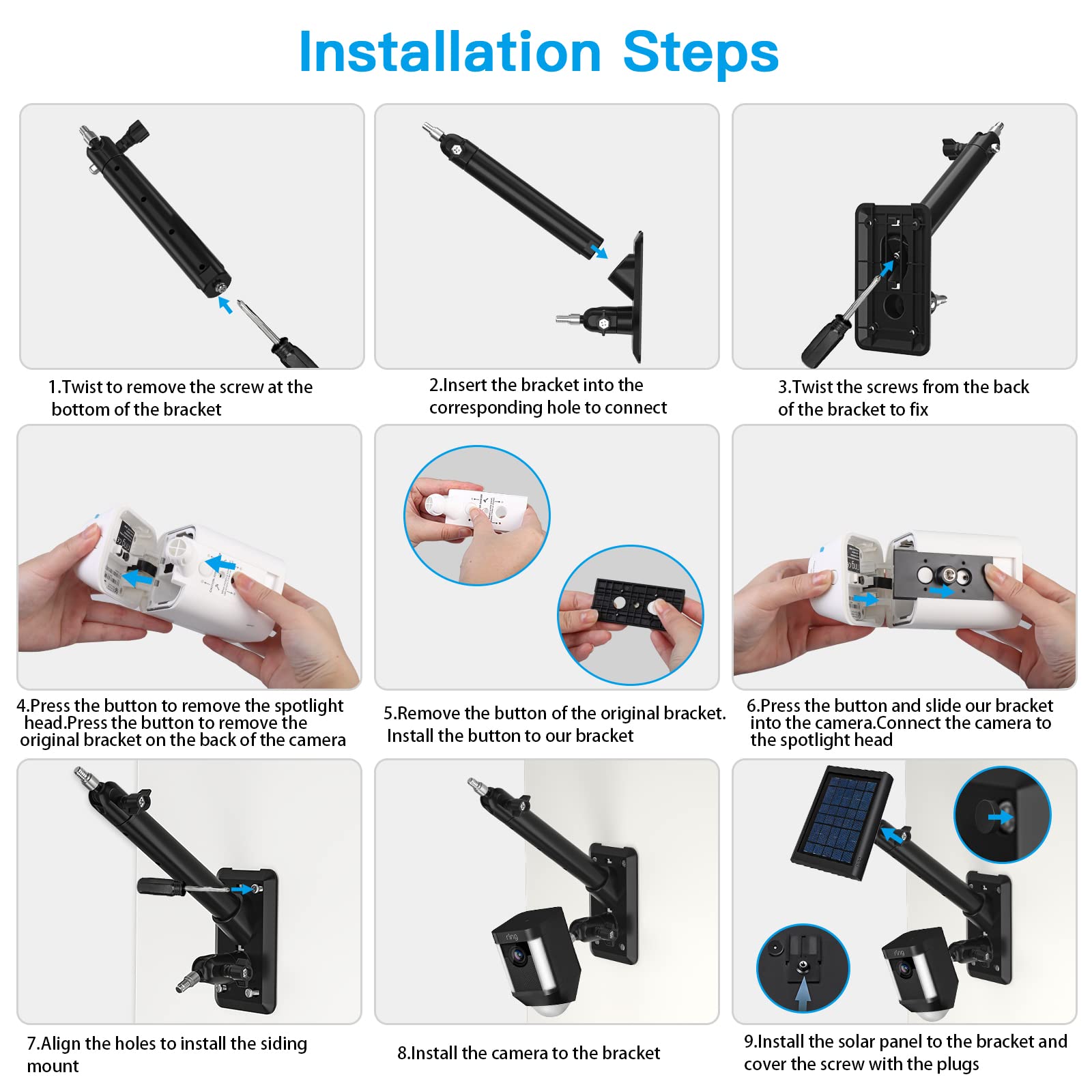HOLACA Support mural 2 en 1 compatible avec caméra Rin-g Spotlight Plus/Pro, Stick Up Cam Battery/Pro, Outdoor Cam Plus, panneau solaire R-ing, et pour appareil photo et panneau solaire avec filetage