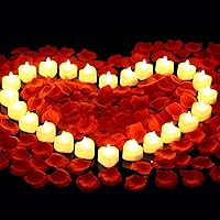 cridoz 2000 Silk Artificial Rose Petals & 24 Heart LED Tea Lights - Romantic Valentine's Wedding Decor Set, Warm White Glow